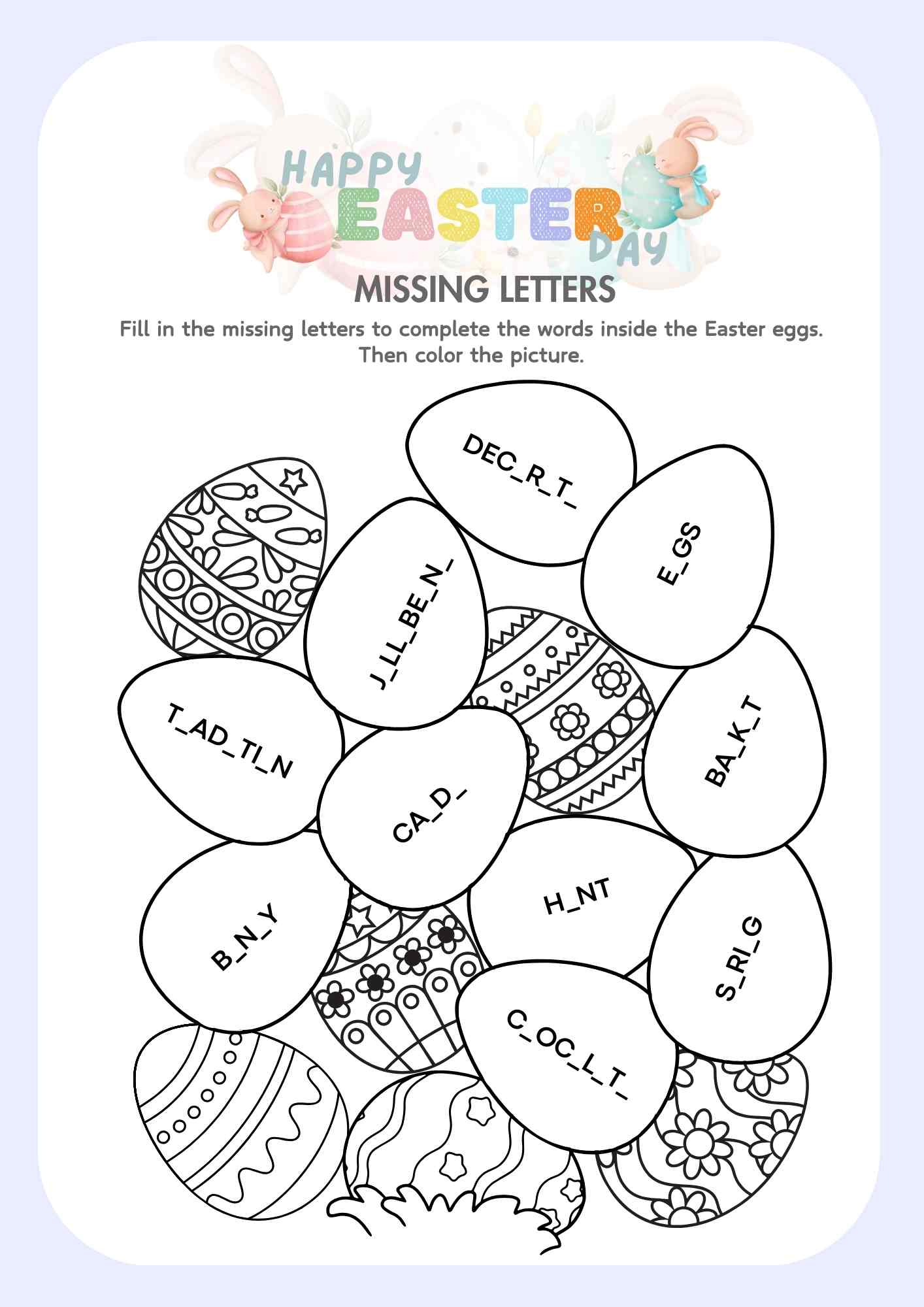 Easter Day Fill in the missing letters and color Easter eggs free ...