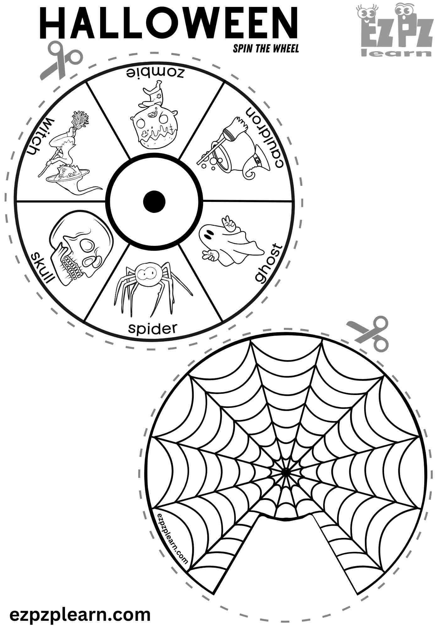 Halloween Holiday Vocabulary Word Wheel Spinner Coloring Activity for Kids 1 Free Printable PDF - Ezpzlearn.com halloween-holiday-vocabulary-word-wheel-spinner-coloring-activity-for-kids-1-free-printable-pdf-ezpzlearn-com