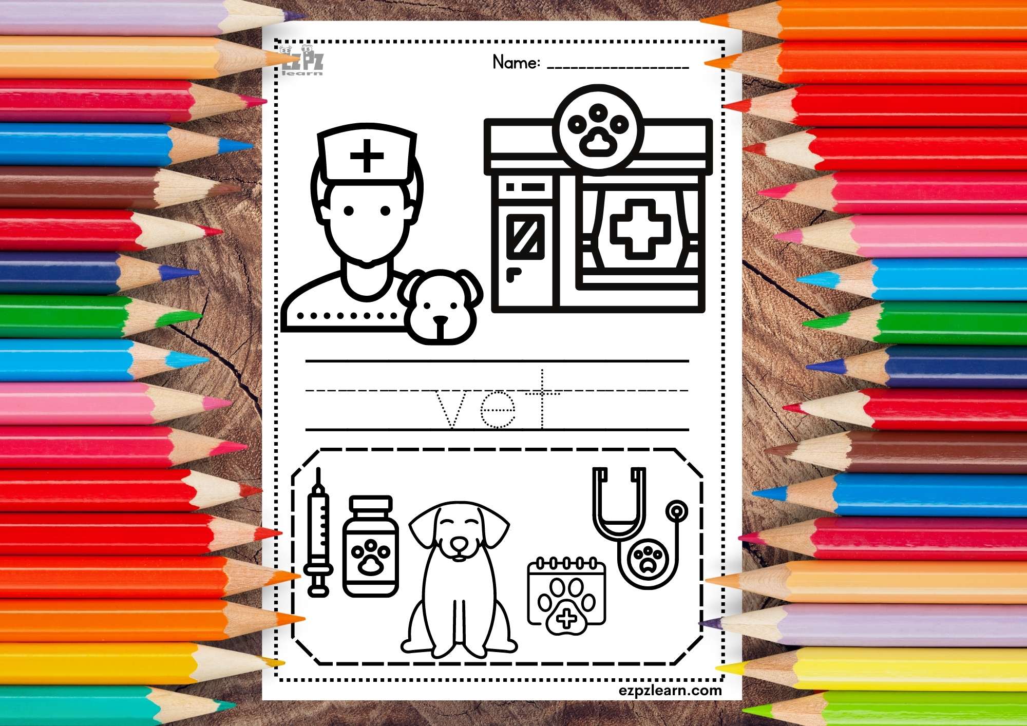 Vet Coloring and Trace the Word Page Jobs Topic for Kids - Ezpzlearn.com