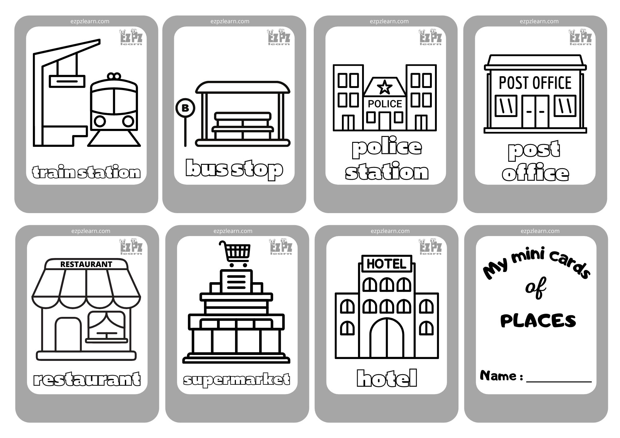 Places in the City 20 Mini Cards Coloring   Ezpzlearn.com