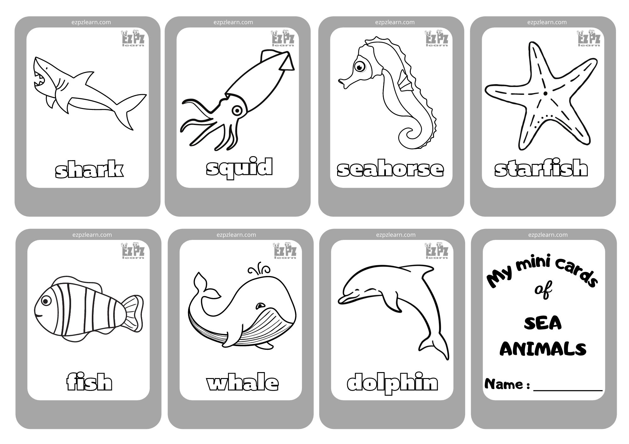 Sea Creatures Mini Cards Coloring - Ezpzlearn.com