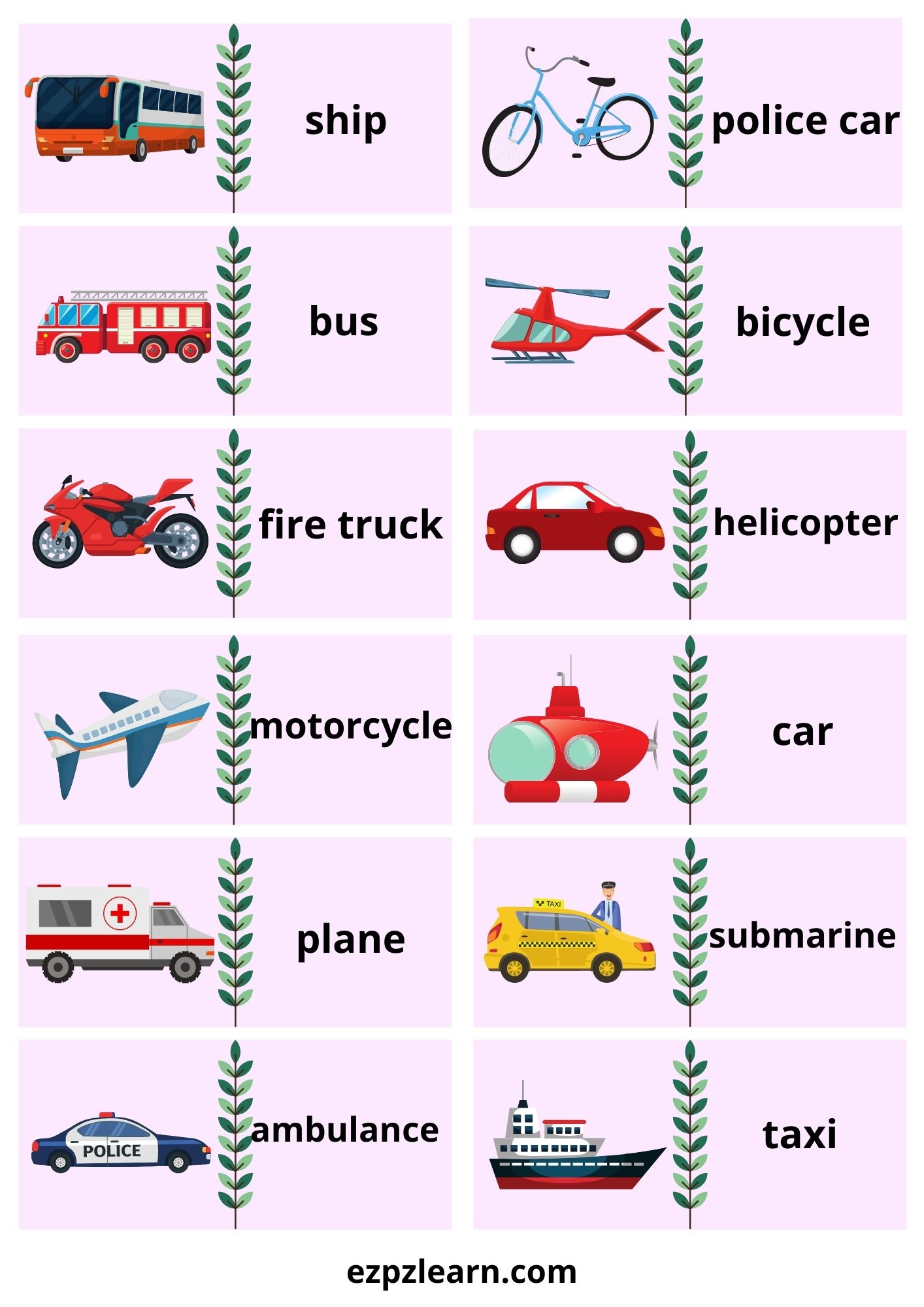 Transportation Dominoes Game With Words - Ezpzlearn.com