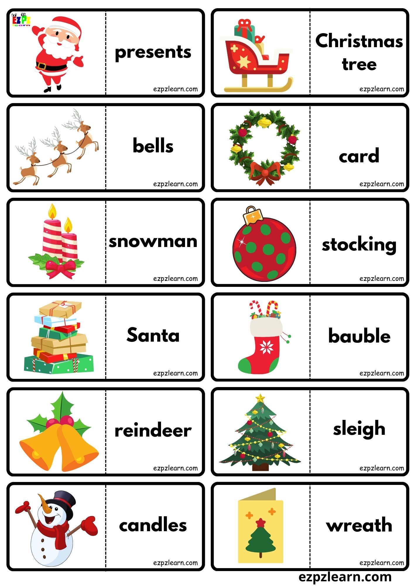 Christmas Holiday Vocabulary Dominoes Matching Game for Kids Free PDF  Download 