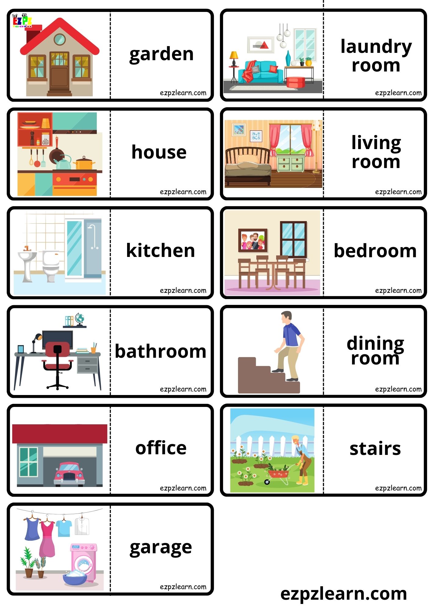 House Rooms Vocabulary Dominoes Matching Game for Kids and English Language  Learners Free PDF Download - Ezpzlearn.com