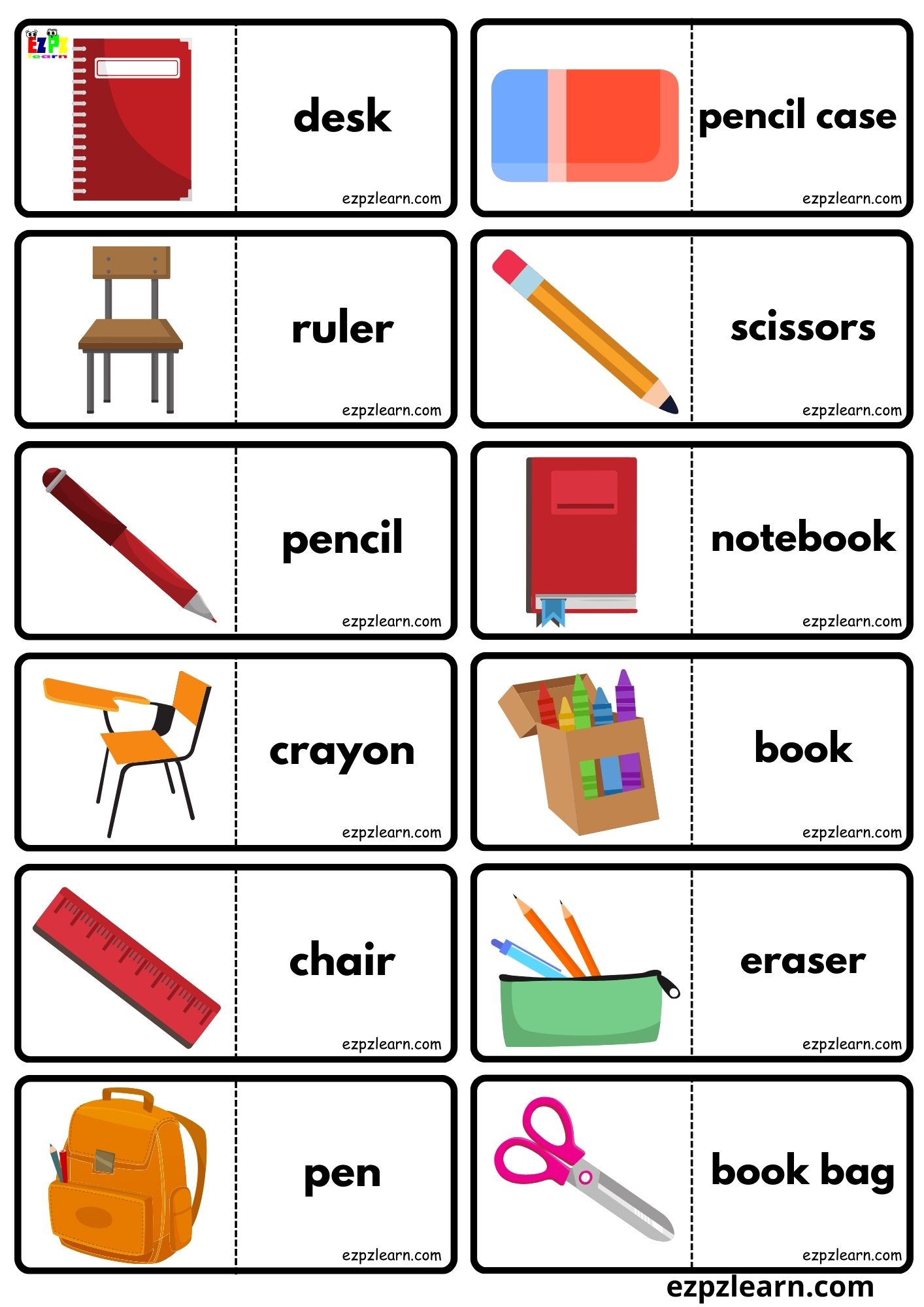 Classroom Objects Vocabulary Dominoes Matching Game for Kids Free PDF  Download - Ezpzlearn.com