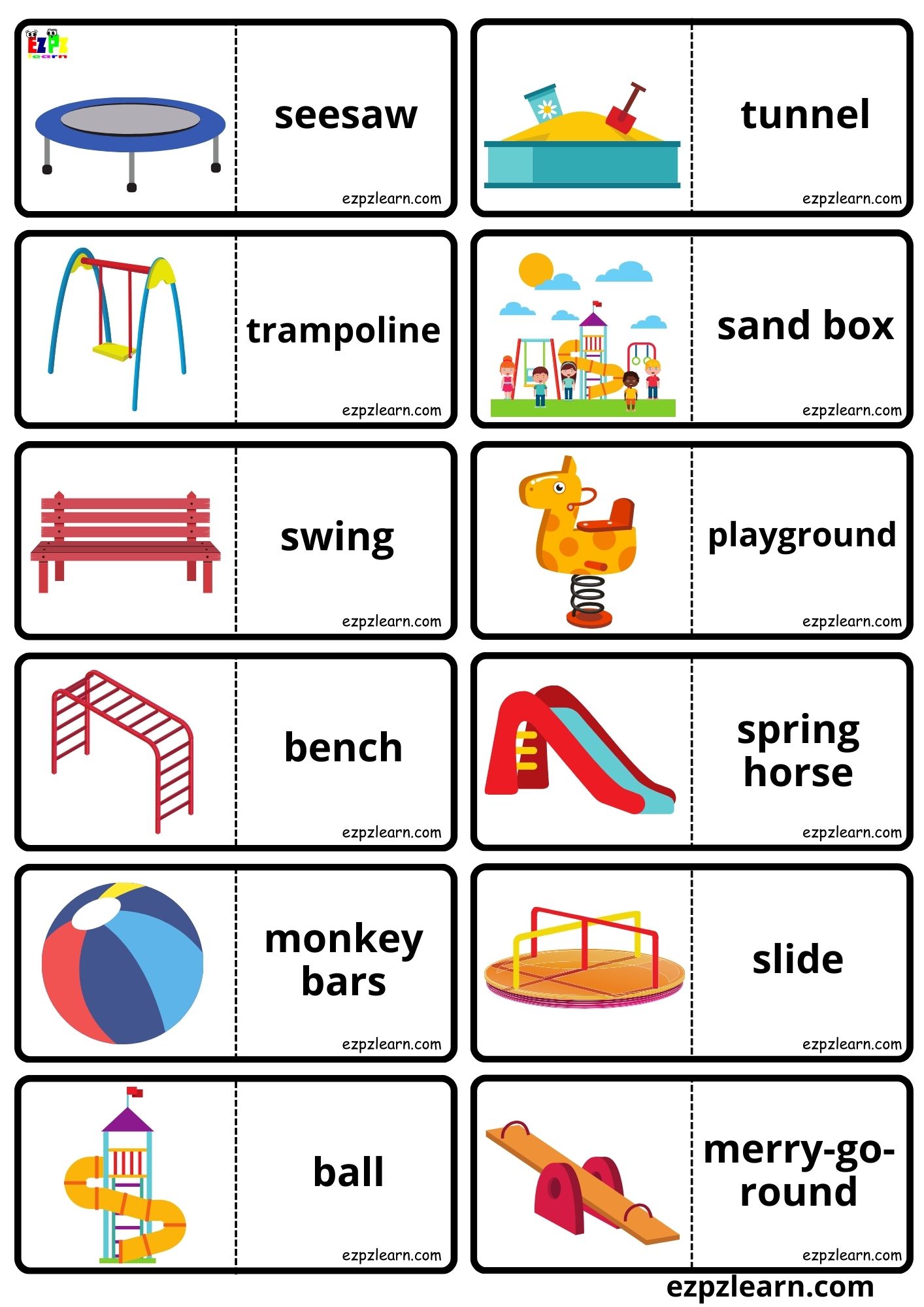 Playground Vocabulary Dominoes Matching Game for Kids and English Language  Learners Free PDF Download - Ezpzlearn.com