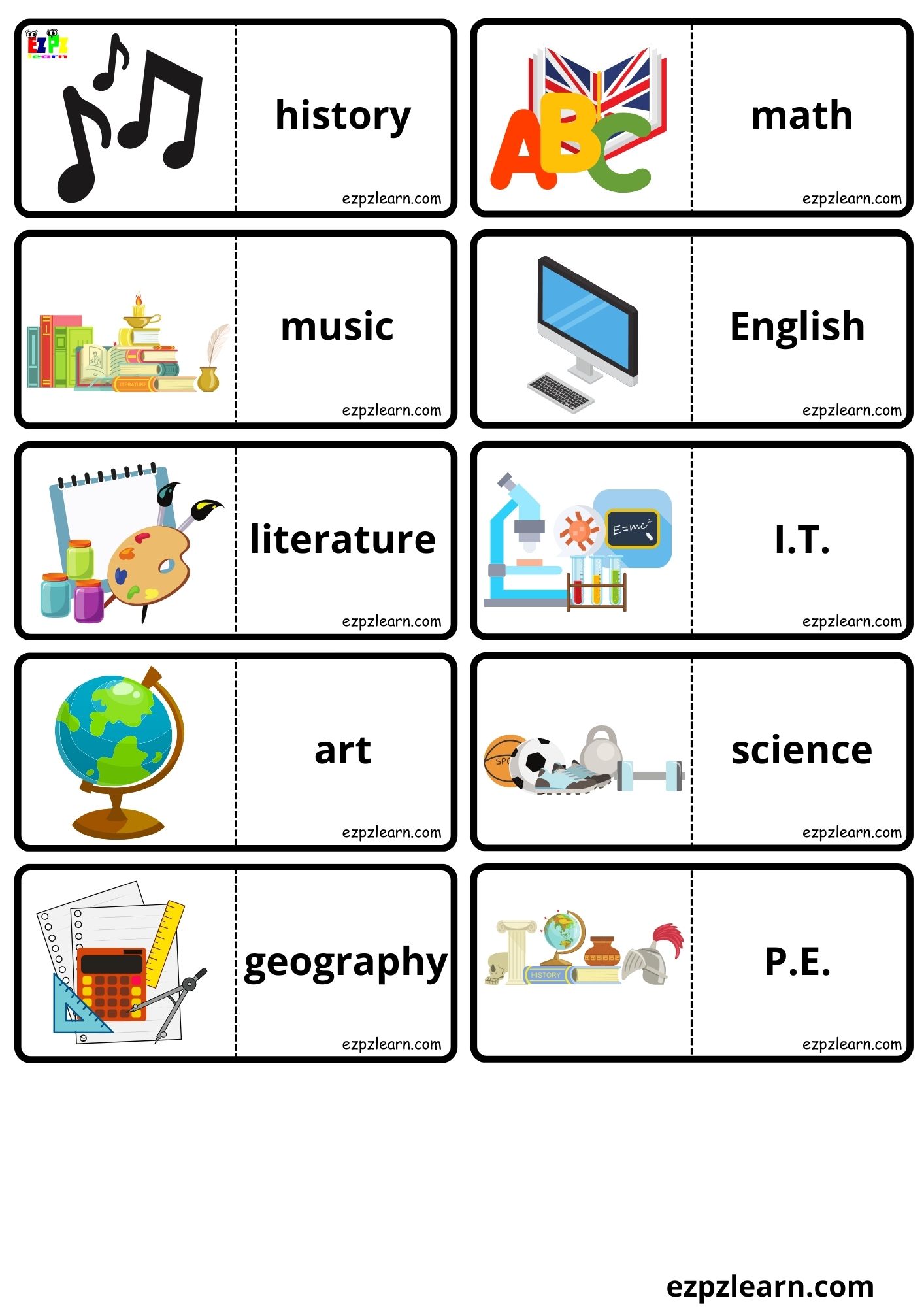 School Subjects Vocabulary Dominoes Matching Game for Kids and English  Language Learners Free PDF Download - Ezpzlearn.com