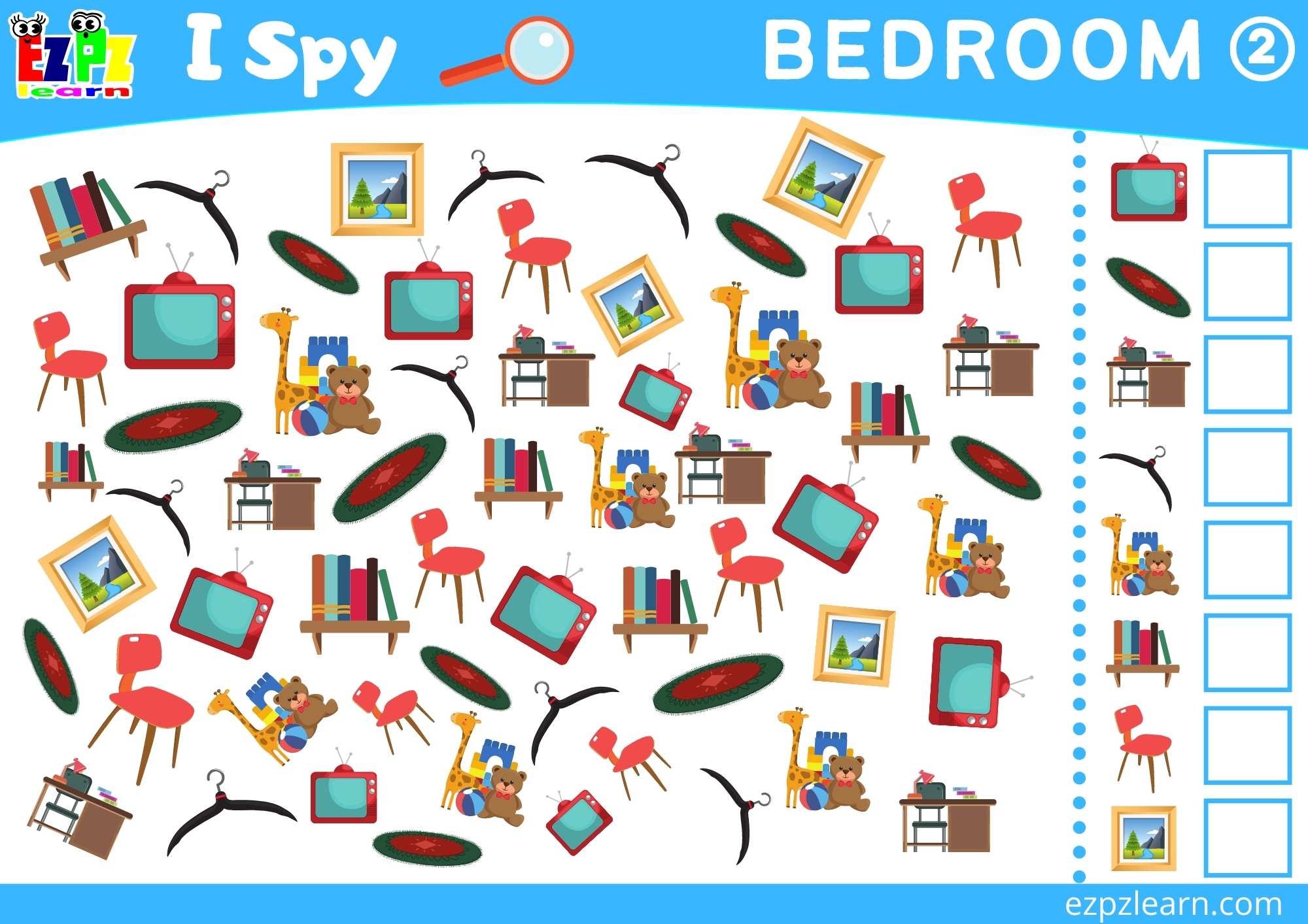 Bedroom 2 Topic I Spy Game for kids Free PDF Download - Ezpzlearn.com