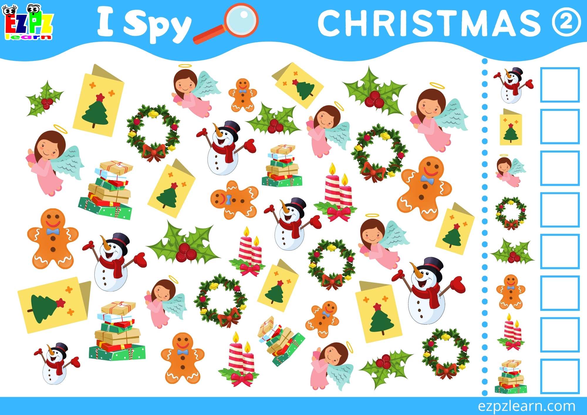 Christmas 2 Topic I Spy Game for kids Free PDF Download - Ezpzlearn.com