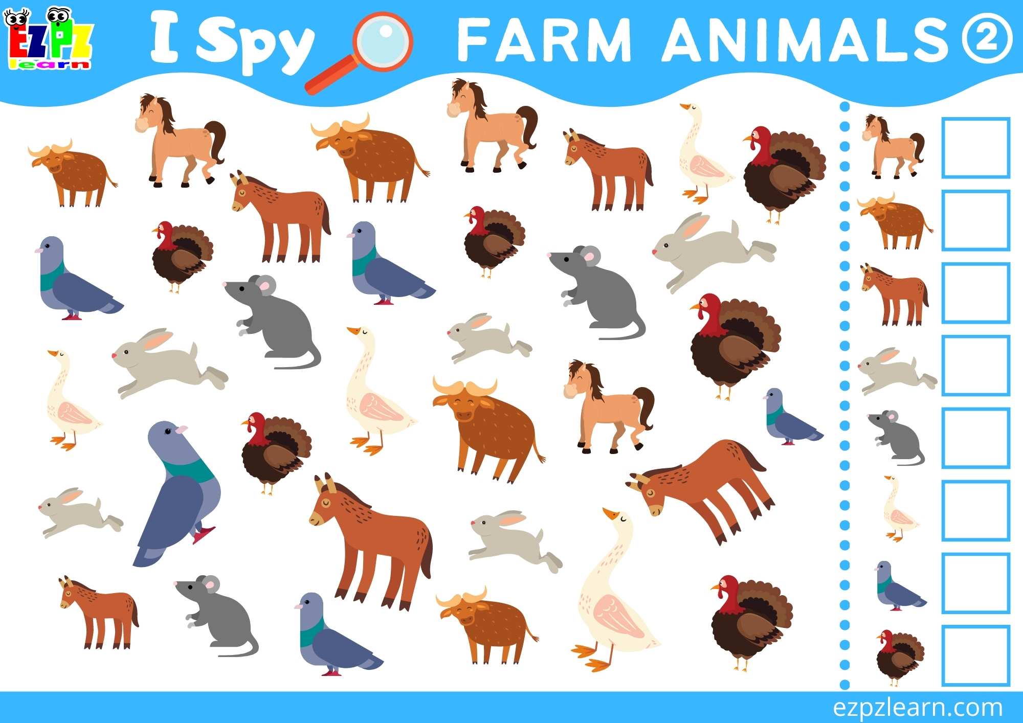 Farm Animals 2 Topic I Spy Game for kids Free PDF Download - Ezpzlearn.com