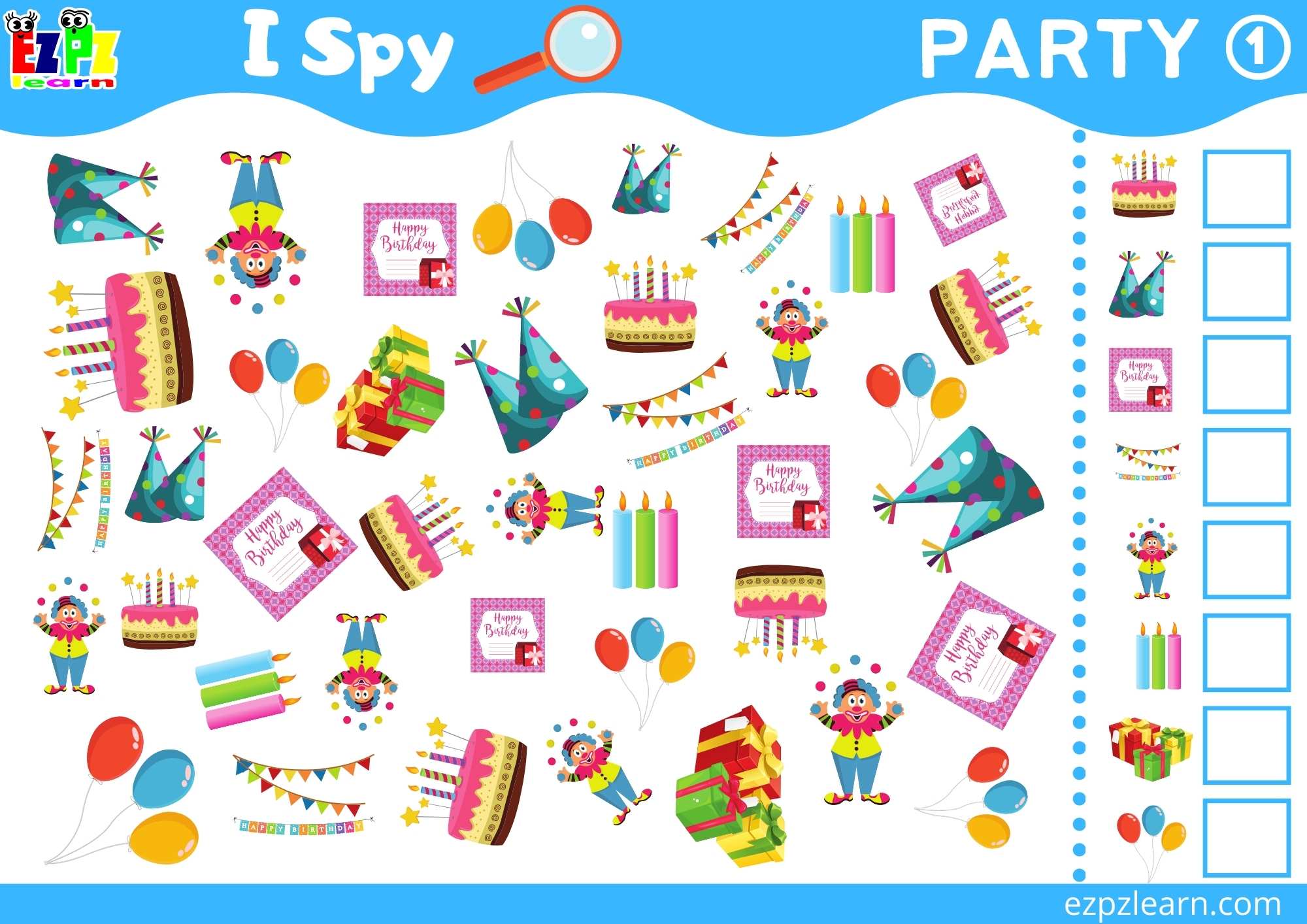 Party 1 Topic I Spy Game for kids Free PDF Download - Ezpzlearn.com