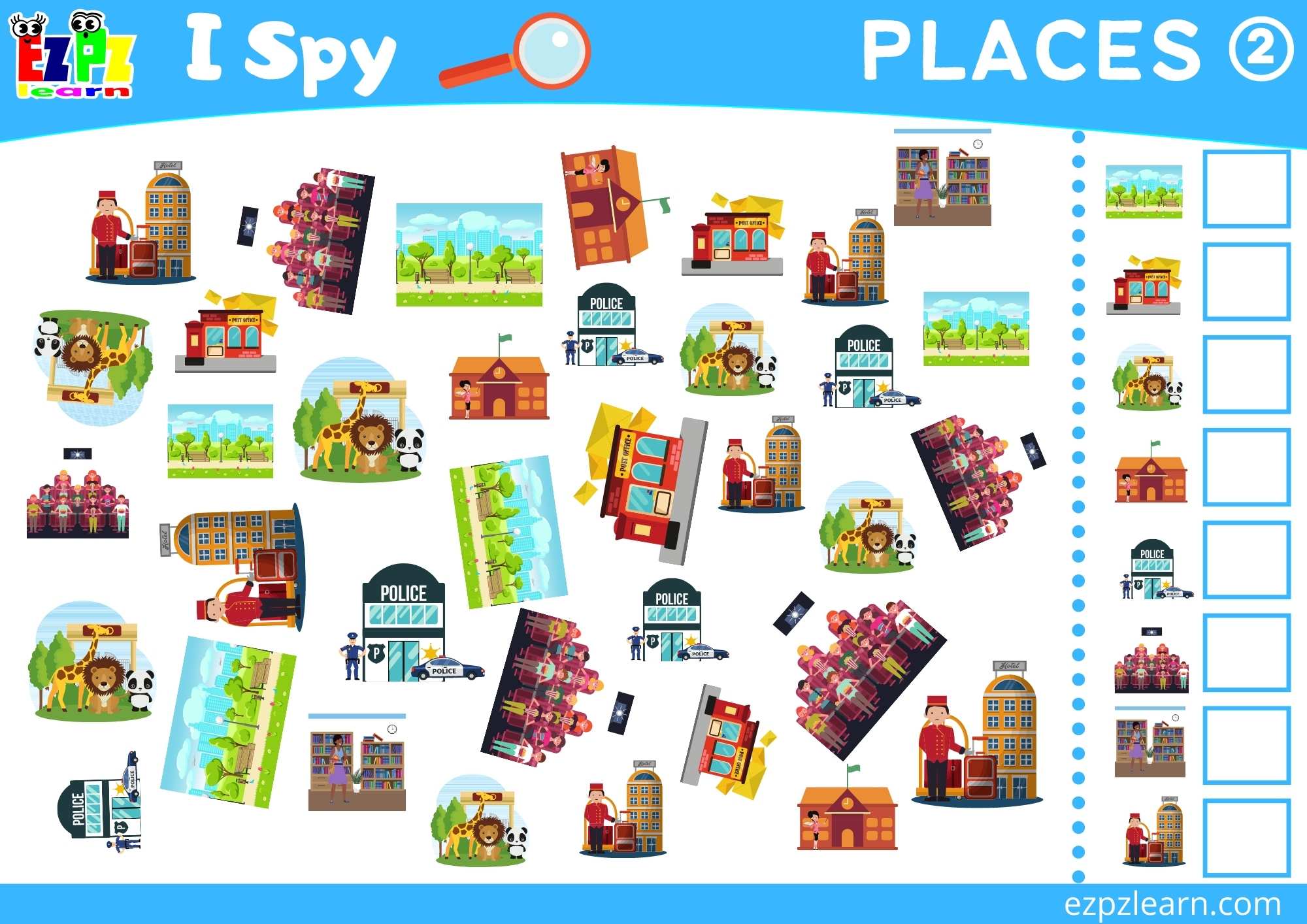 Places in the City 2 Topic I Spy Game for kids Free PDF Download -  Ezpzlearn.com