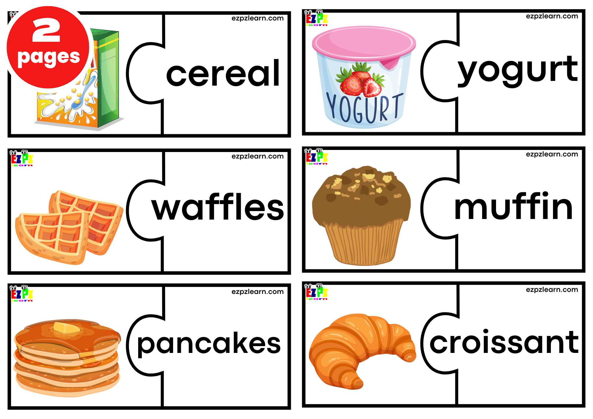 Food Puzzle Match Game. Large Size 6 Words per page. Free PDF
