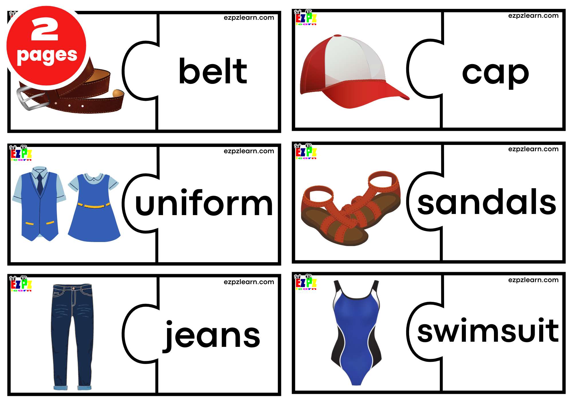Clothes Puzzle Match Game. LARGE 6 Words per page. Free PDF Download 