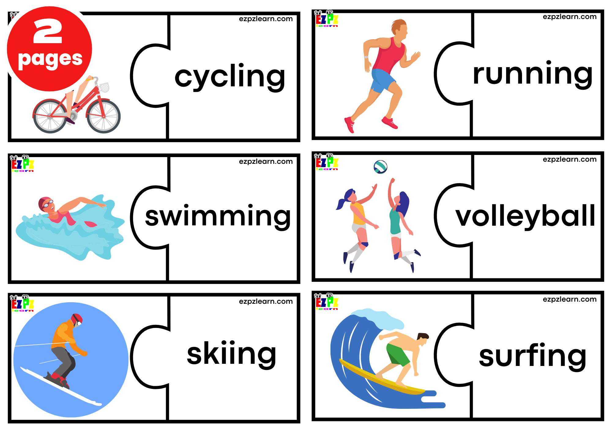 Sports Puzzle Match Game 1. Large Size 6 Words per page. Free PDF Download  - Ezpzlearn.com