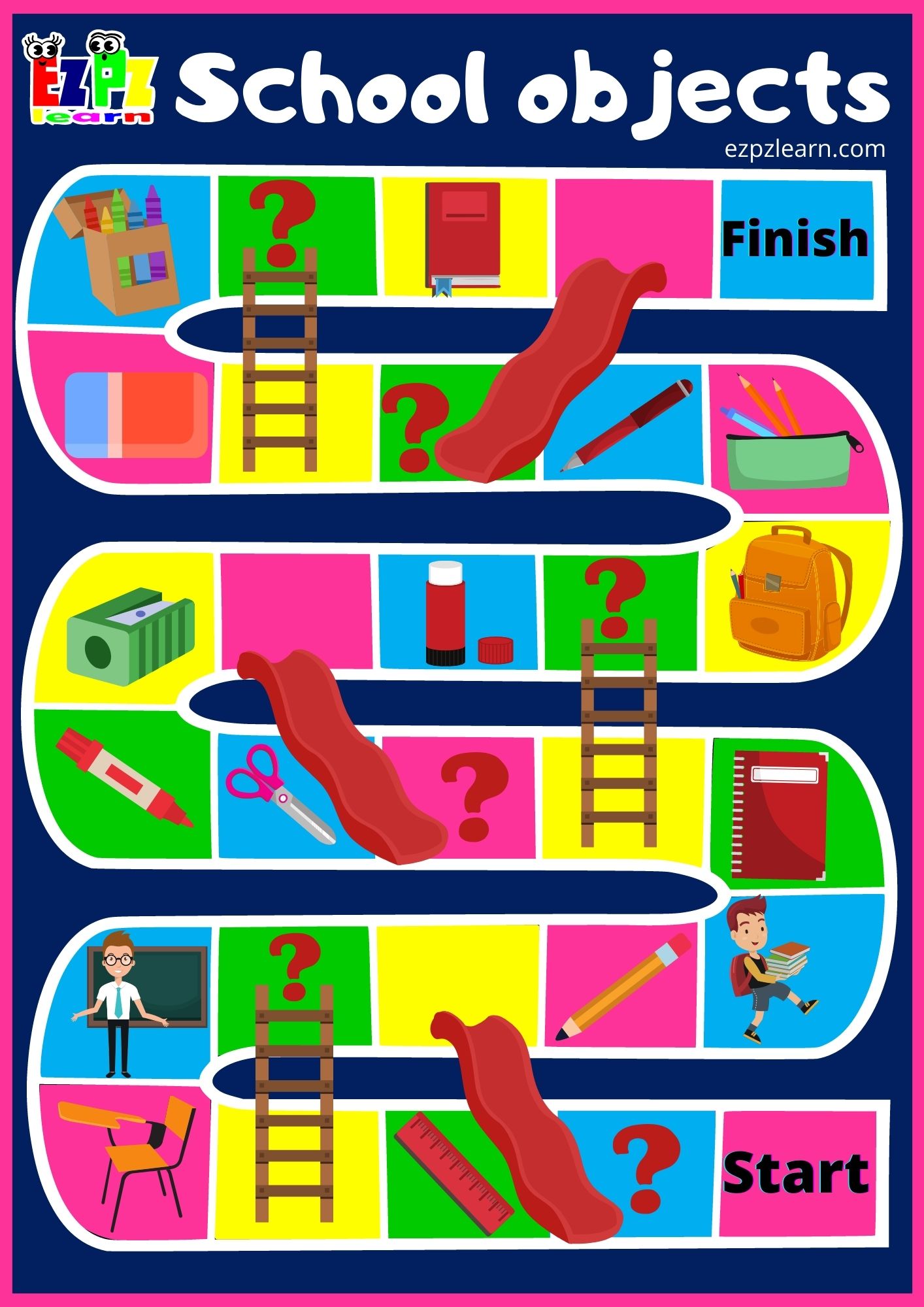 Classroom Objects Slides and Ladders Game - Ezpzlearn.com