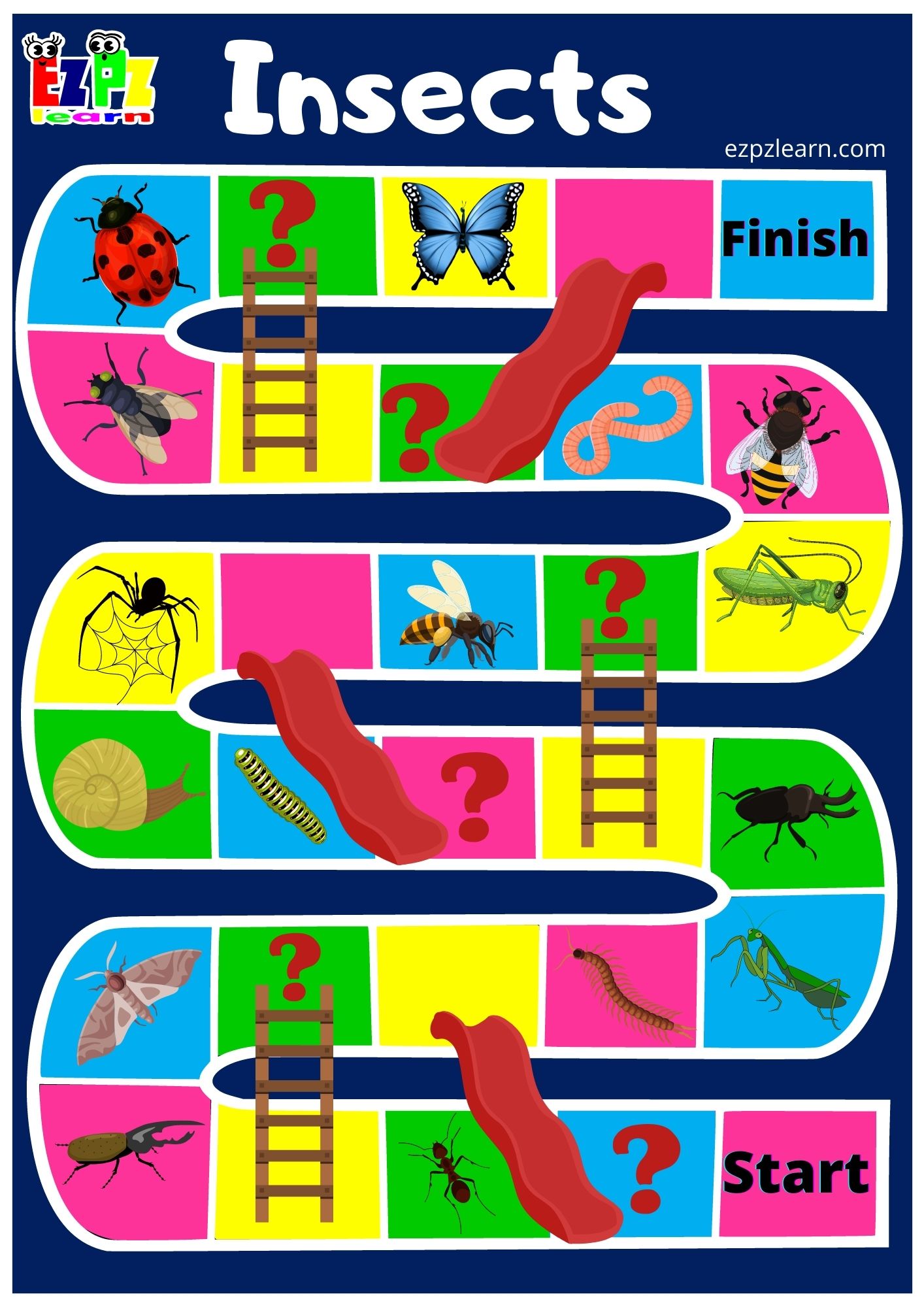 Insects and Bugs Slides and Ladders Game - Ezpzlearn.com