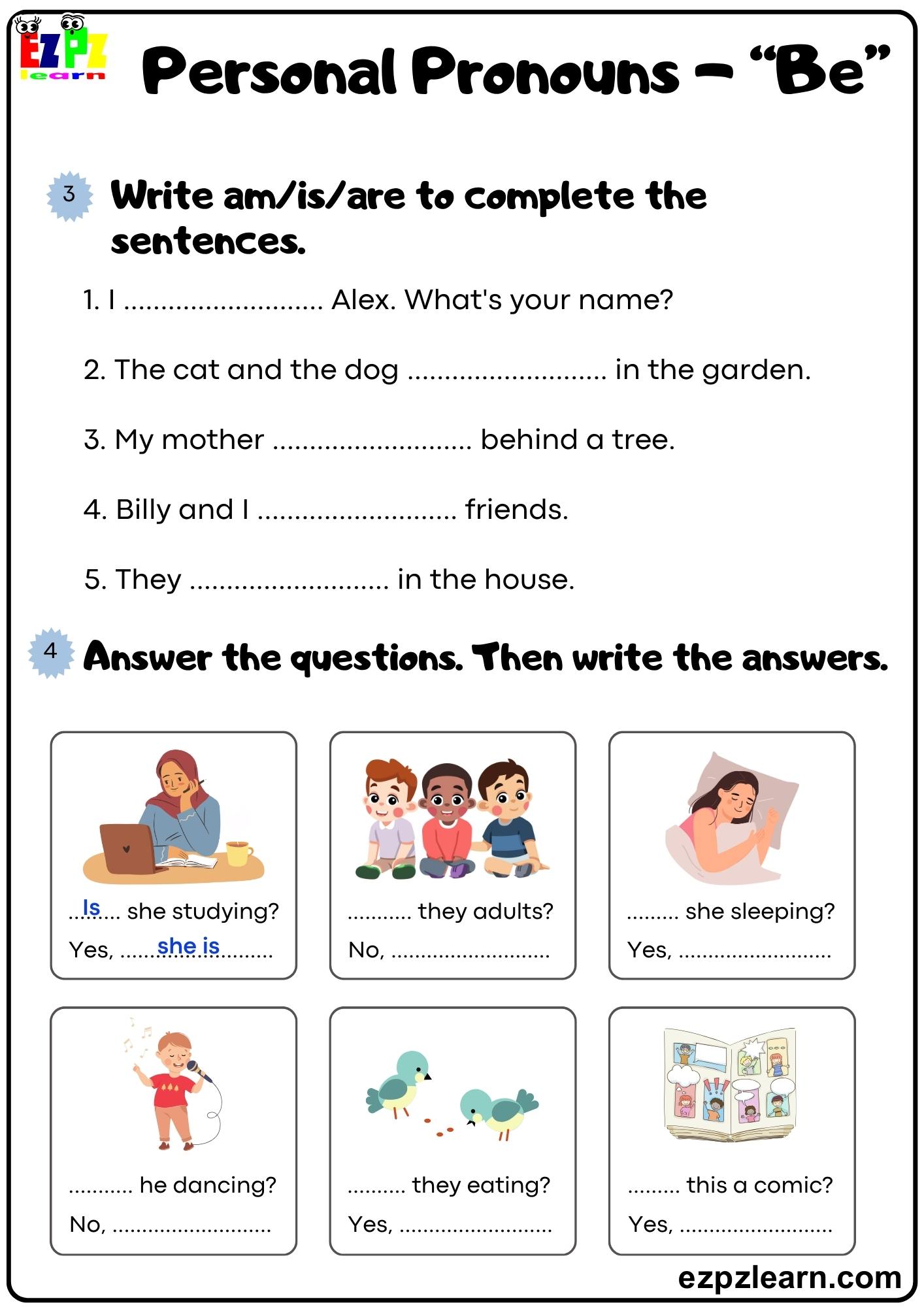 Personal Pronouns Write am, is, are to complete the sentences Free pdf ...