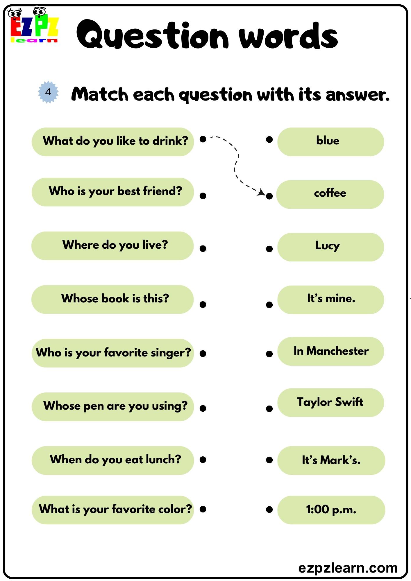 Question Words Match the Questions with the Correct Answers Grammar ...