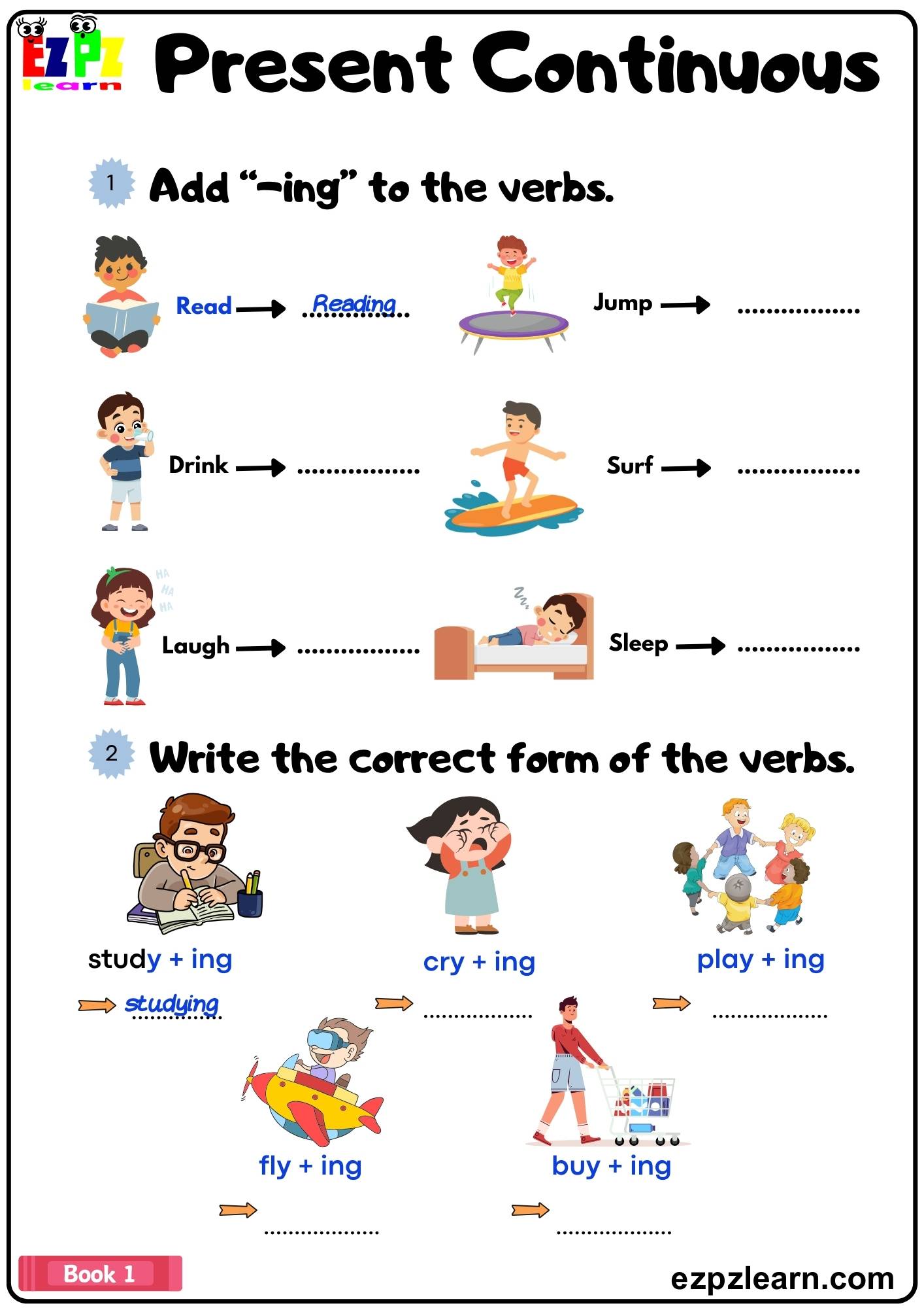 Present Continuous Add ING to the Verbs Grammar Worksheet pdf Book 1 ...