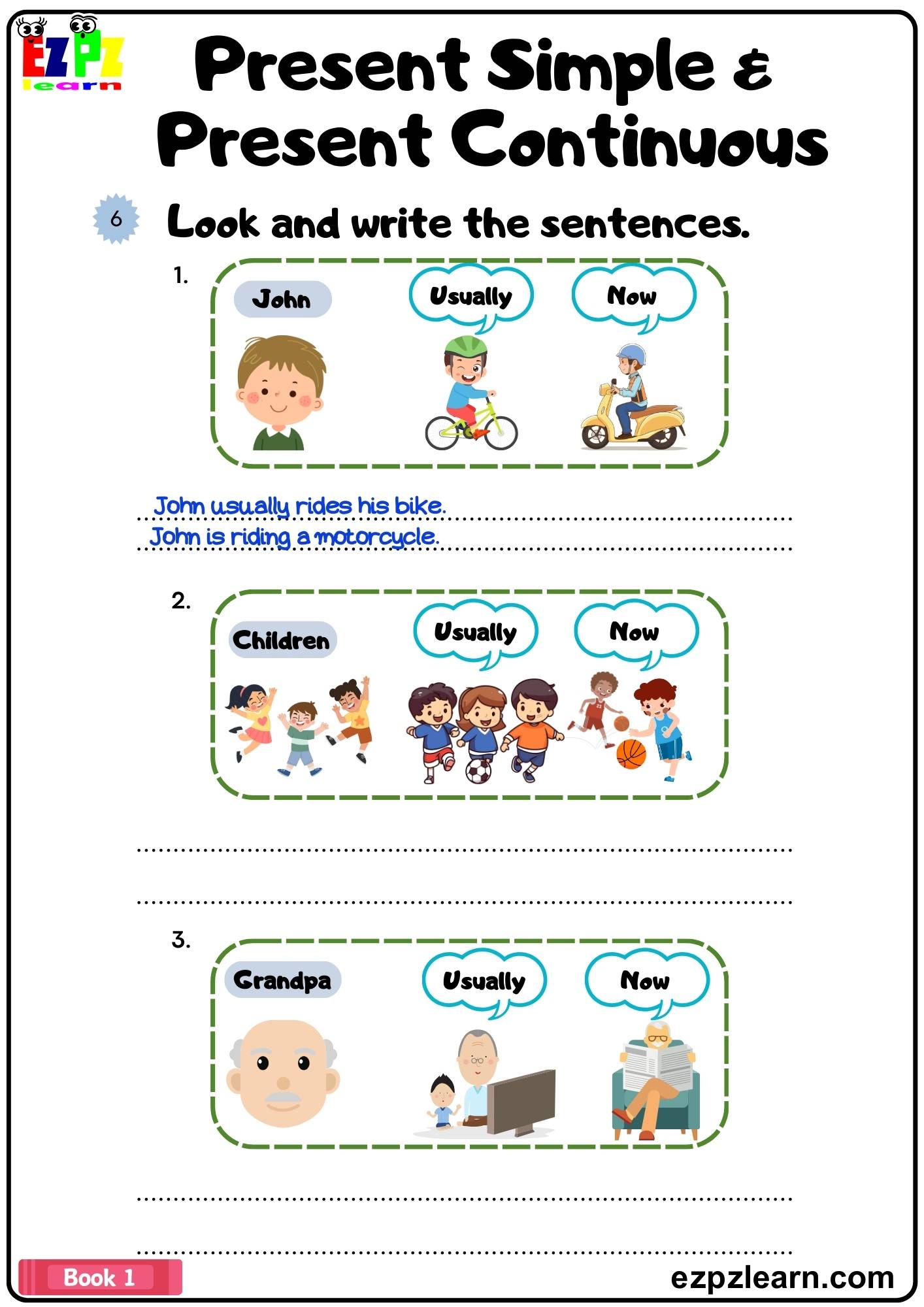 Present Simple and Present Continuous Grammar Worksheet Look at ...