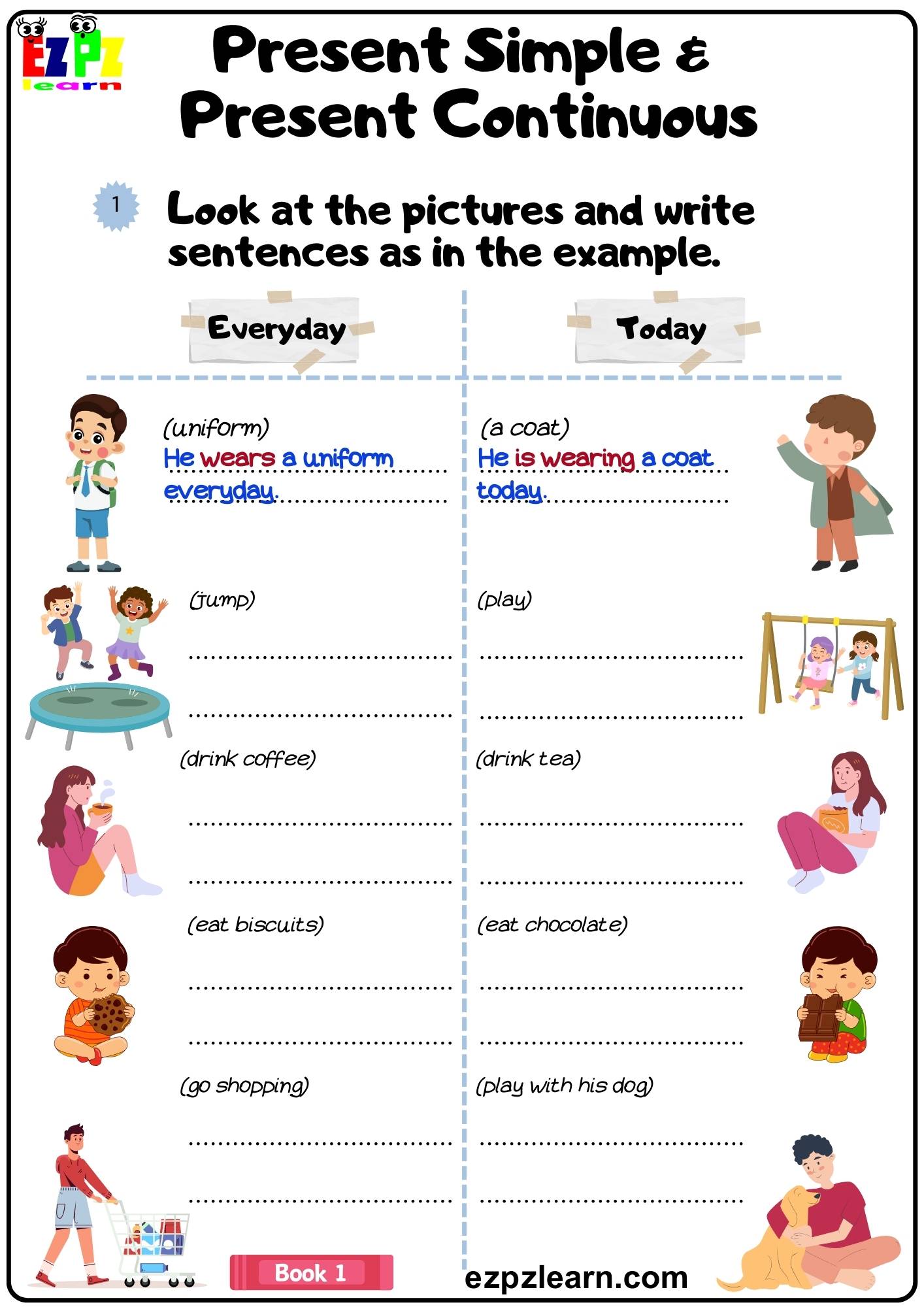 Present Simple and Present Continuous Grammar Worksheet Look at the ...