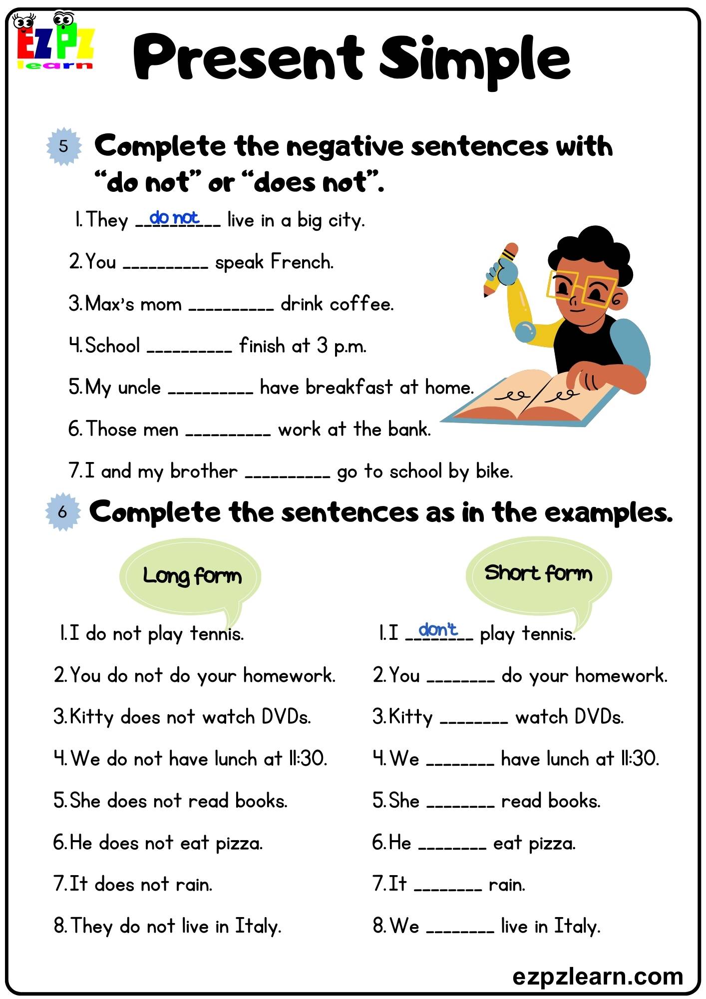 Present Simple Complete the Negative Sentences Grammar Worksheet Book 1 ...