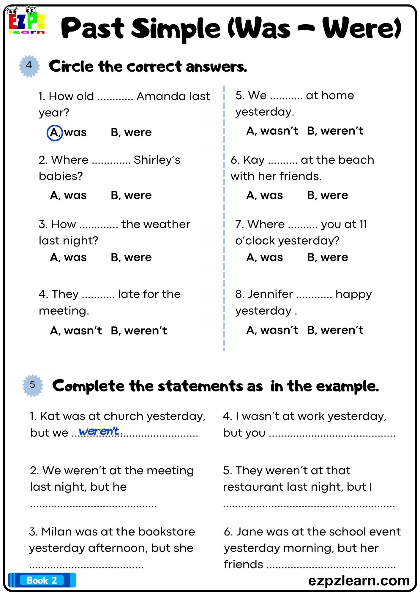 Past Simple Tense Was and Were Circle the correct answers Grammar ...