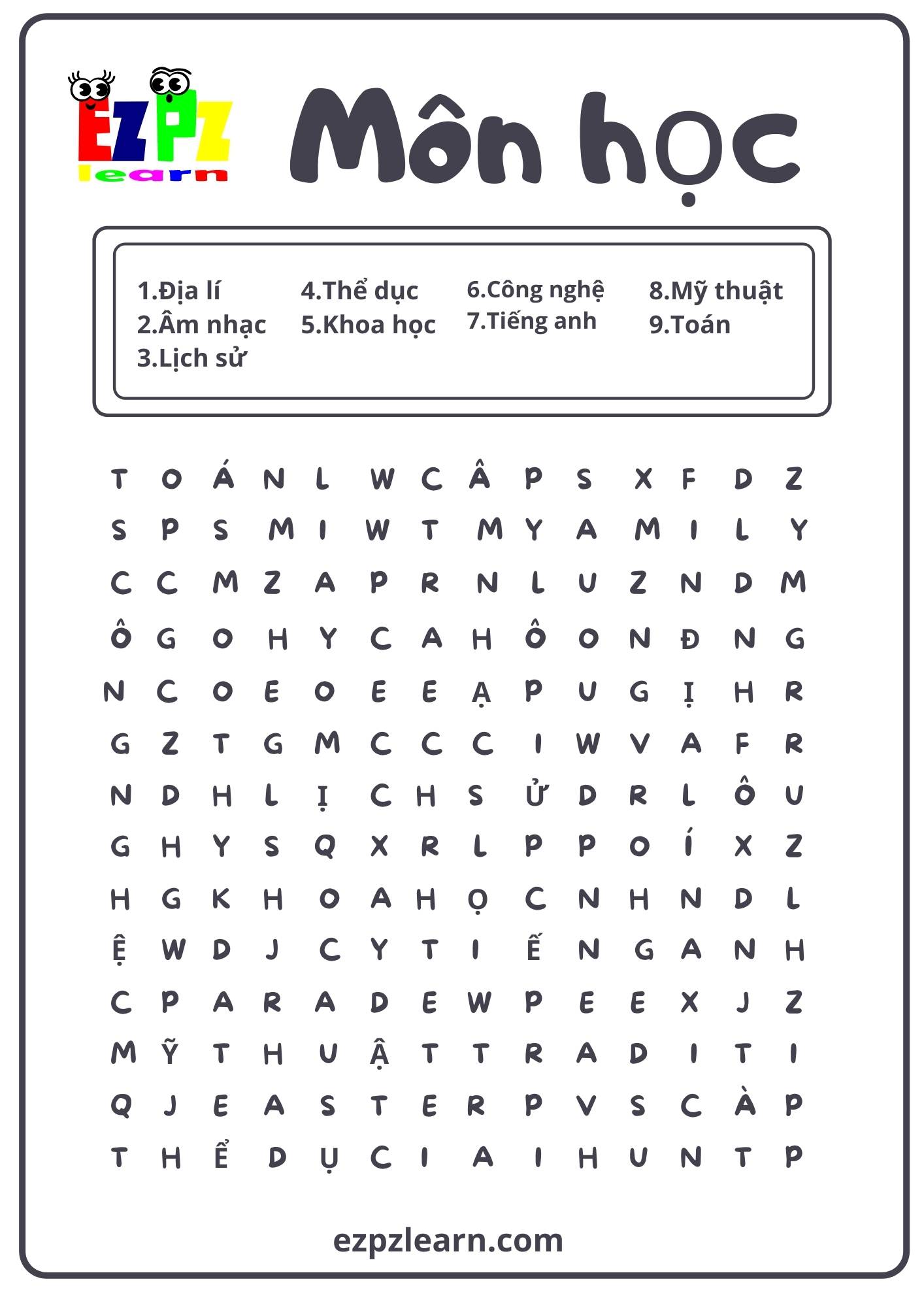 School Subjects Word Search - Ezpzlearn.com