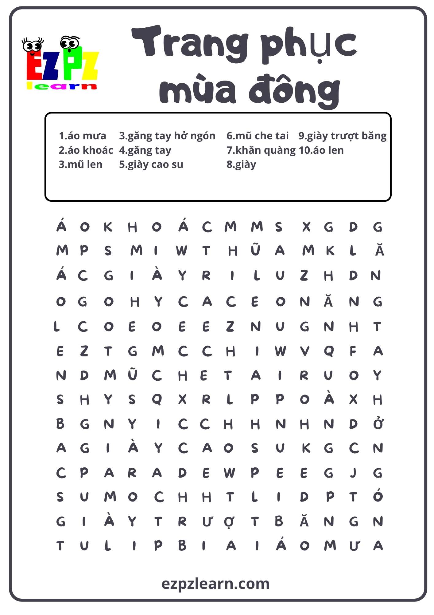 Winter Clothes Esl Vocabulary Word Search Worksheet For Kids PDF