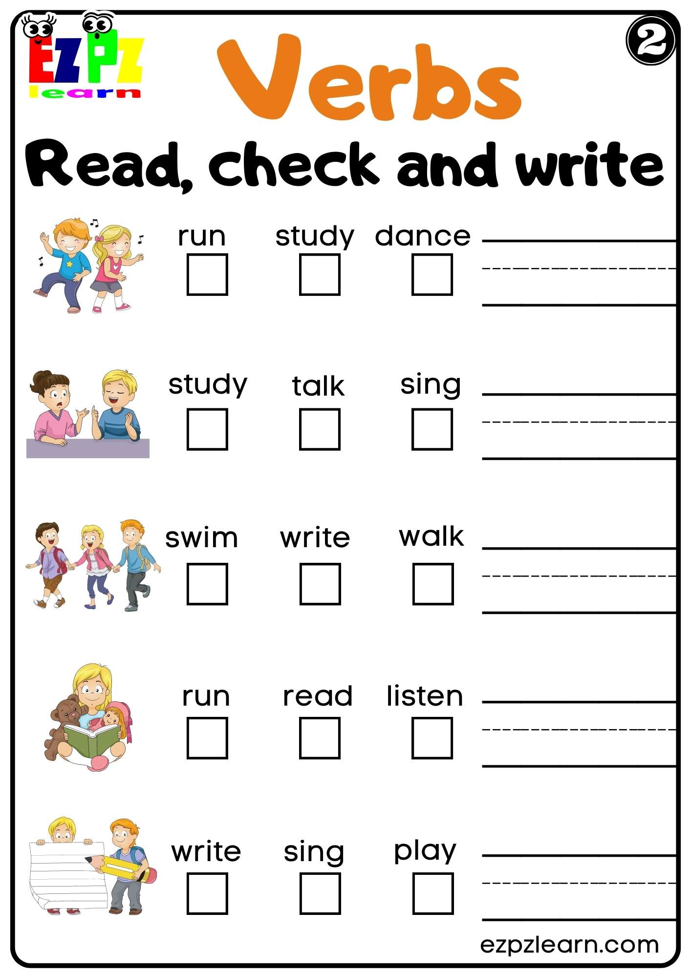 Verbs Read Check and Write Worksheet for Home Schooling K5 and ESL PDF ...