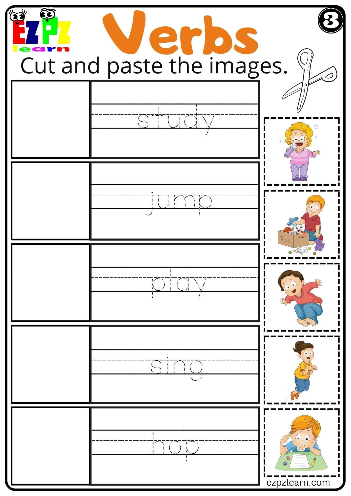 Verbs Cut and Paste Easy Worksheet for K5 and ESL Students PDF Download ...