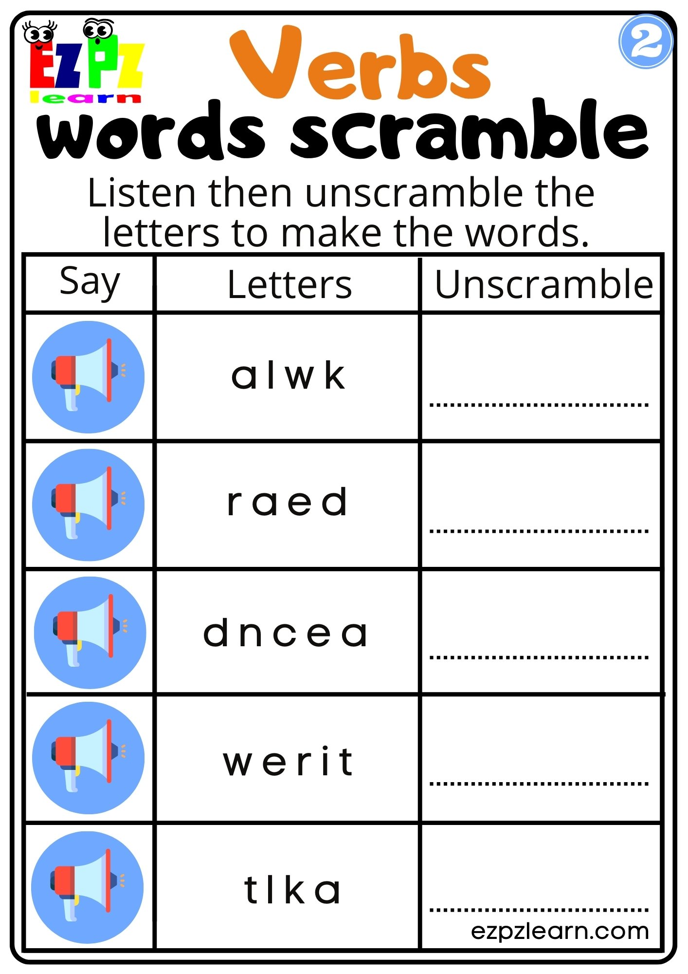 Interactive Verbs Worksheet Listen, Unscramble and Write the Words ...