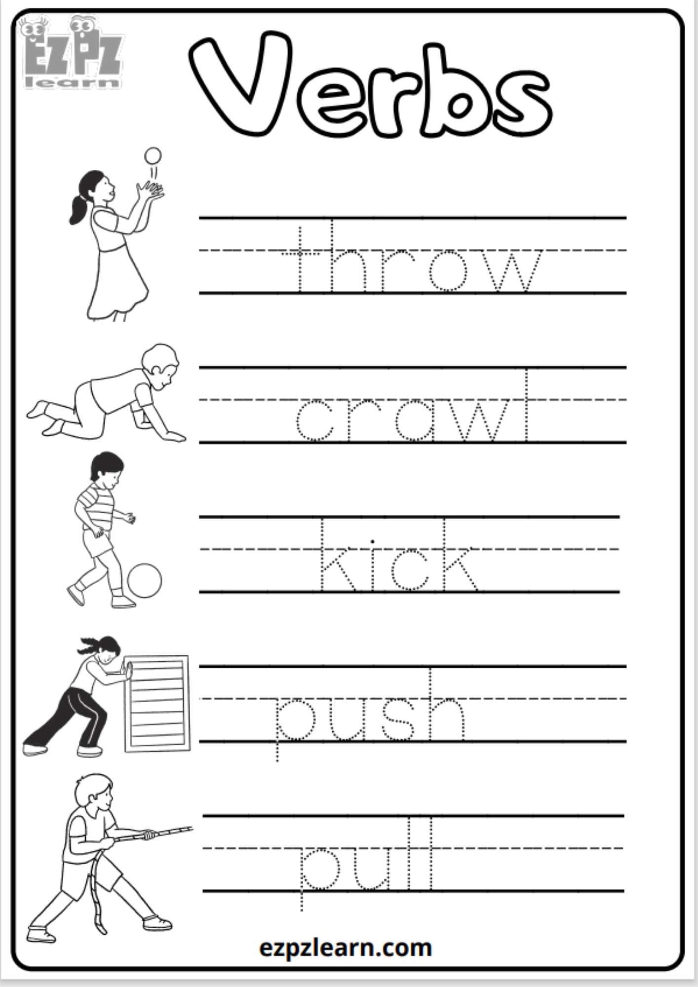 Verbs Tracing For Kids Free PDF Download - Ezpzlearn.com