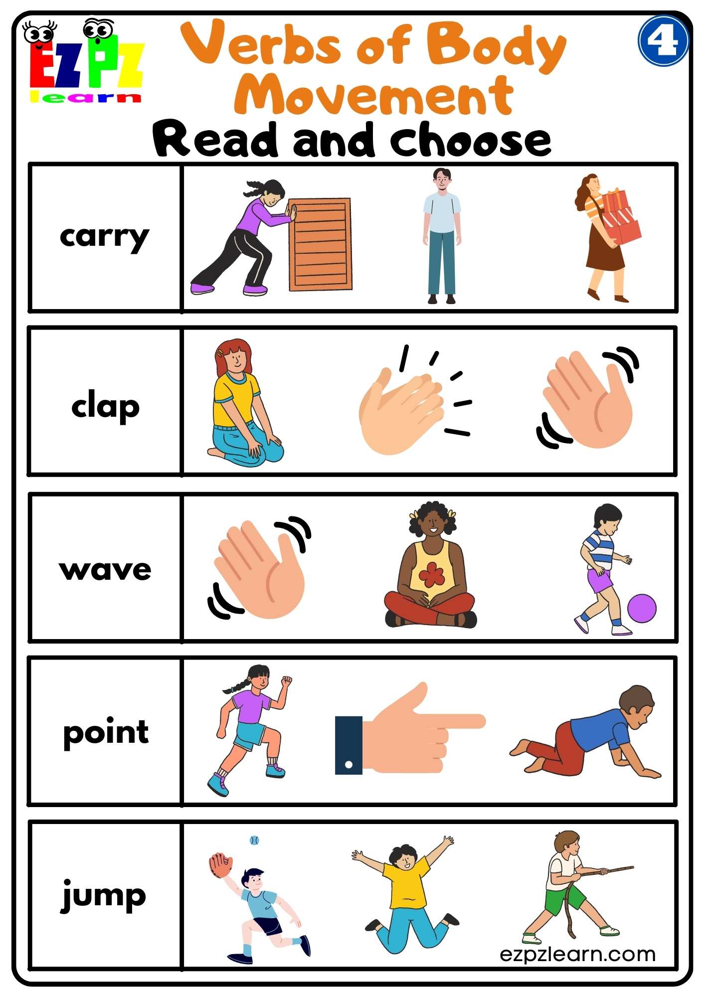 Group 4 Verbs of Body Movement Read and Choose Worksheet - Ezpzlearn.com