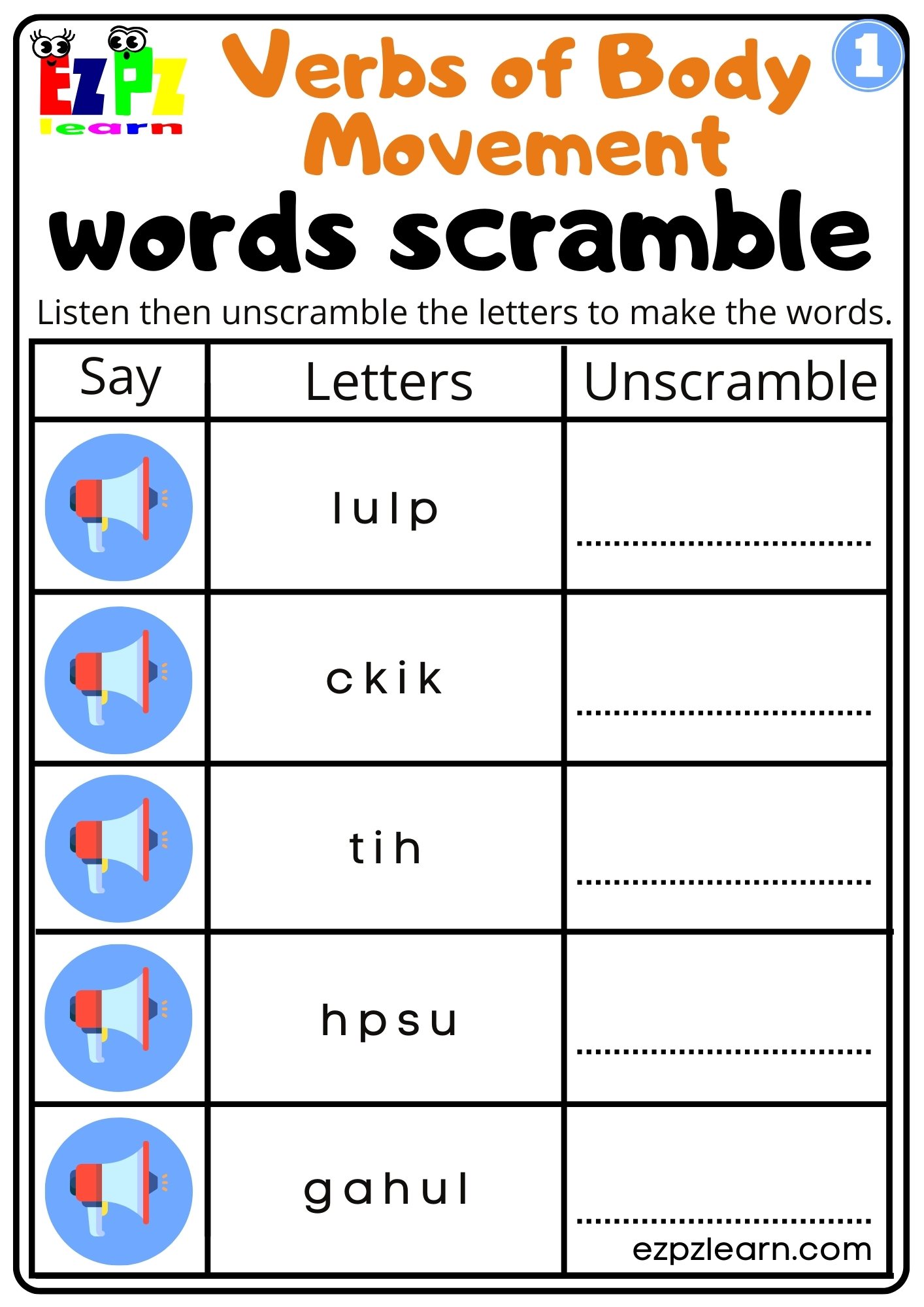 Verbs of Body Movement Interactive Vocabulary Worksheet Listen ...