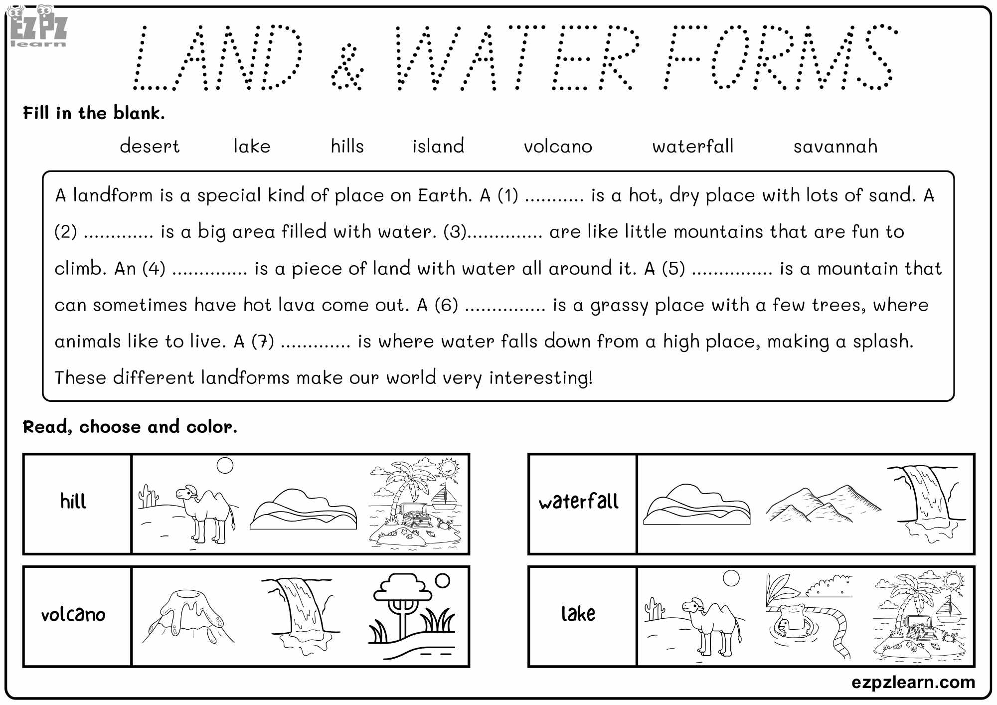 Land and Water Forms Activity for Kids. Read and Fill in the Blanks ...