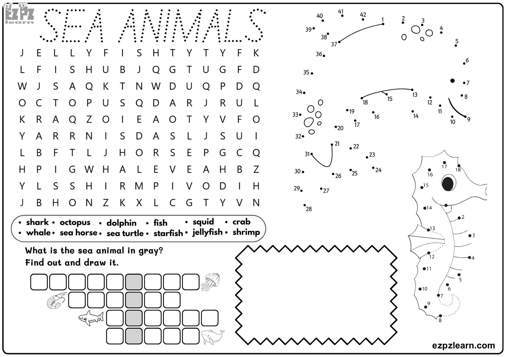 Sea Animals Vocabulary For Kids. Includes: Word Search, Write the Words ...