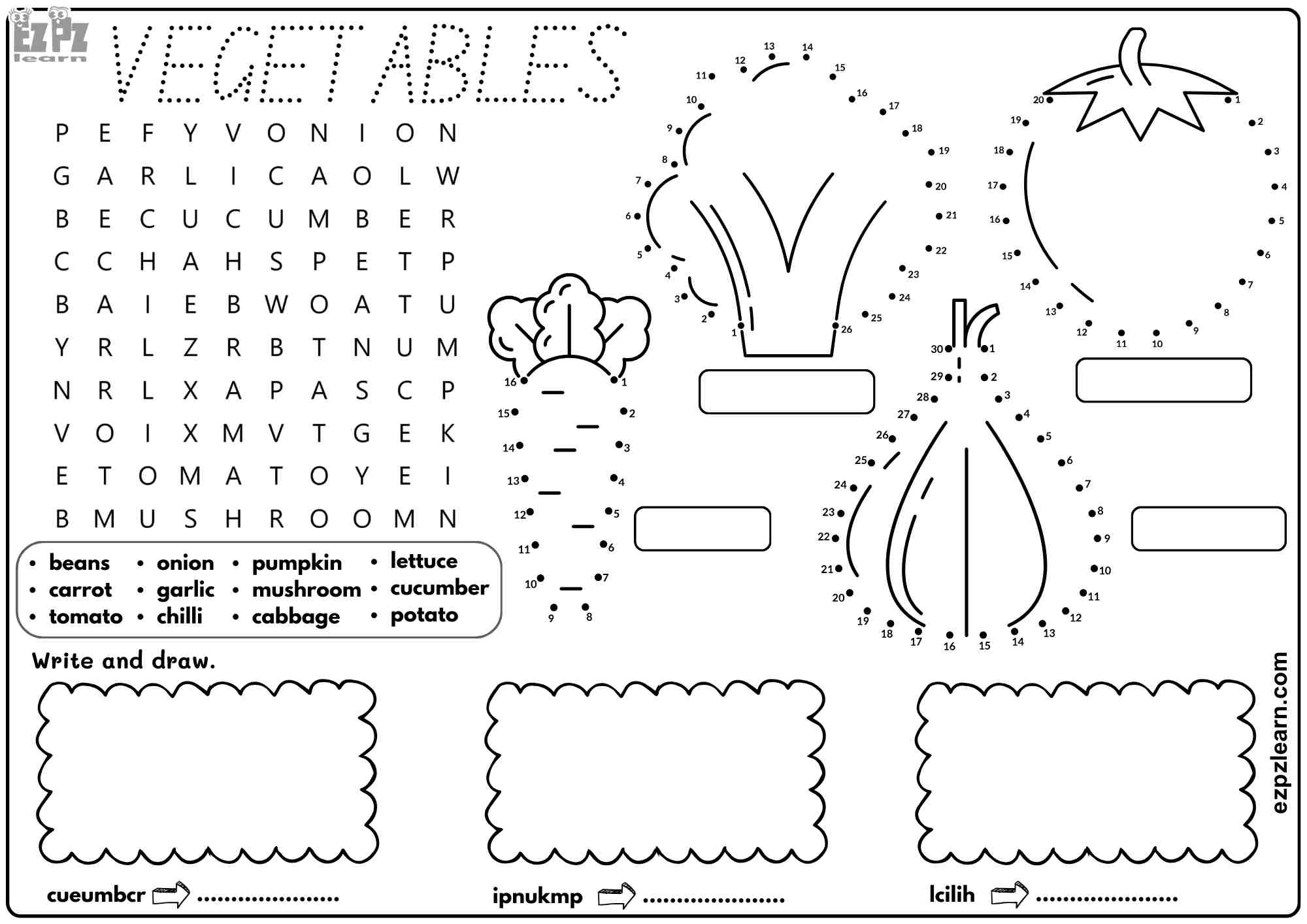Vegetables Vocabulary For Kids. Includes: Word Search, Connect the Dots ...