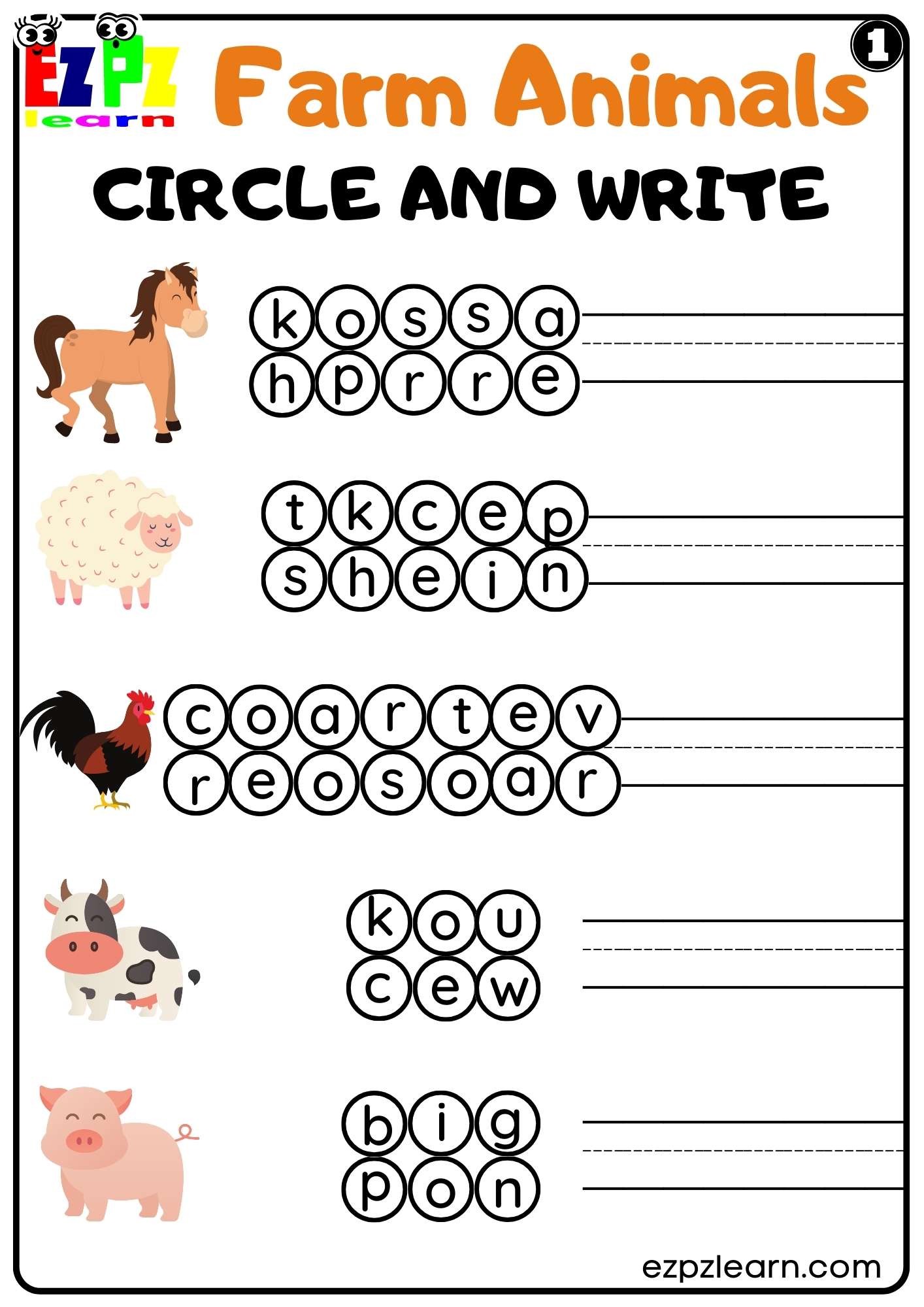 Farm Animals Circle and Write 