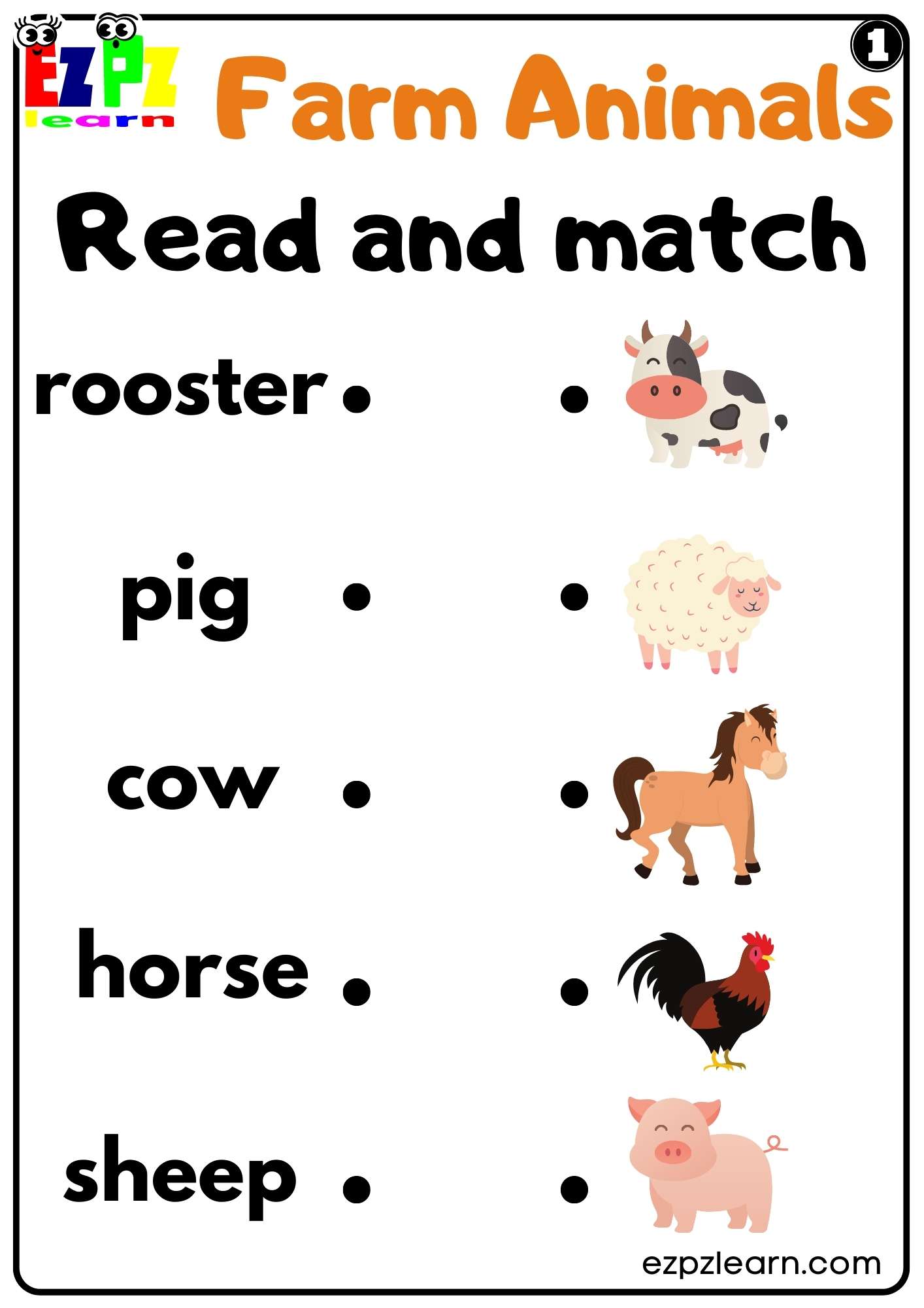 Farm Animals Read and Match Worksheet for Kindergarten or ESL Students Free  PDF Download 