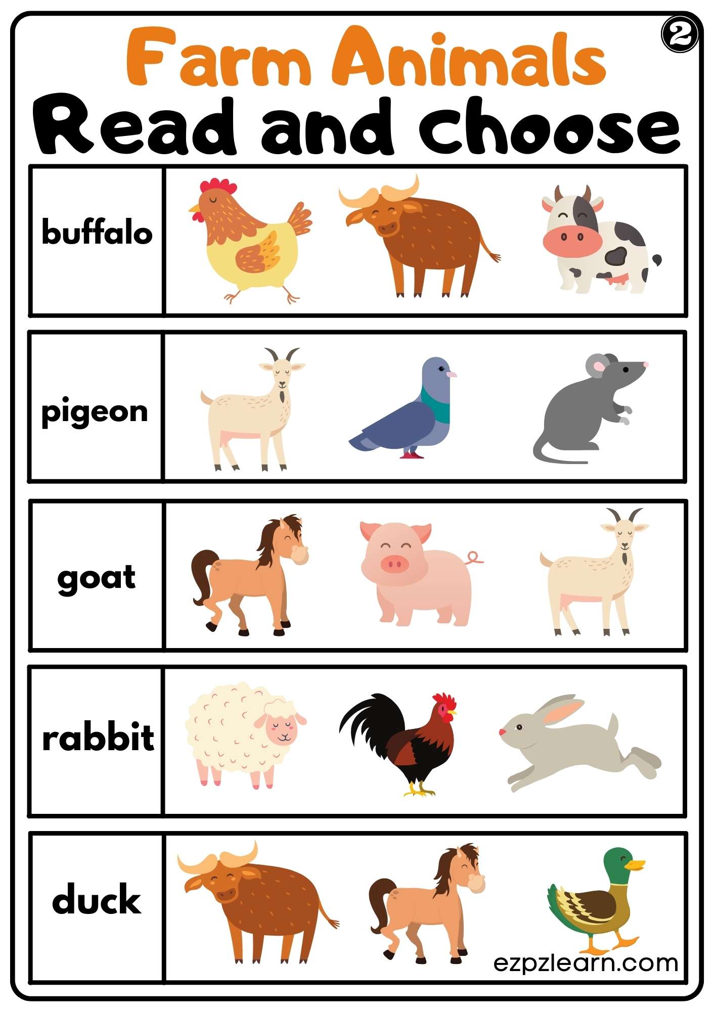 Farm Animals Read and Choose Worksheet for Kindergarten or ESL Students  Free PDF Download set 2 