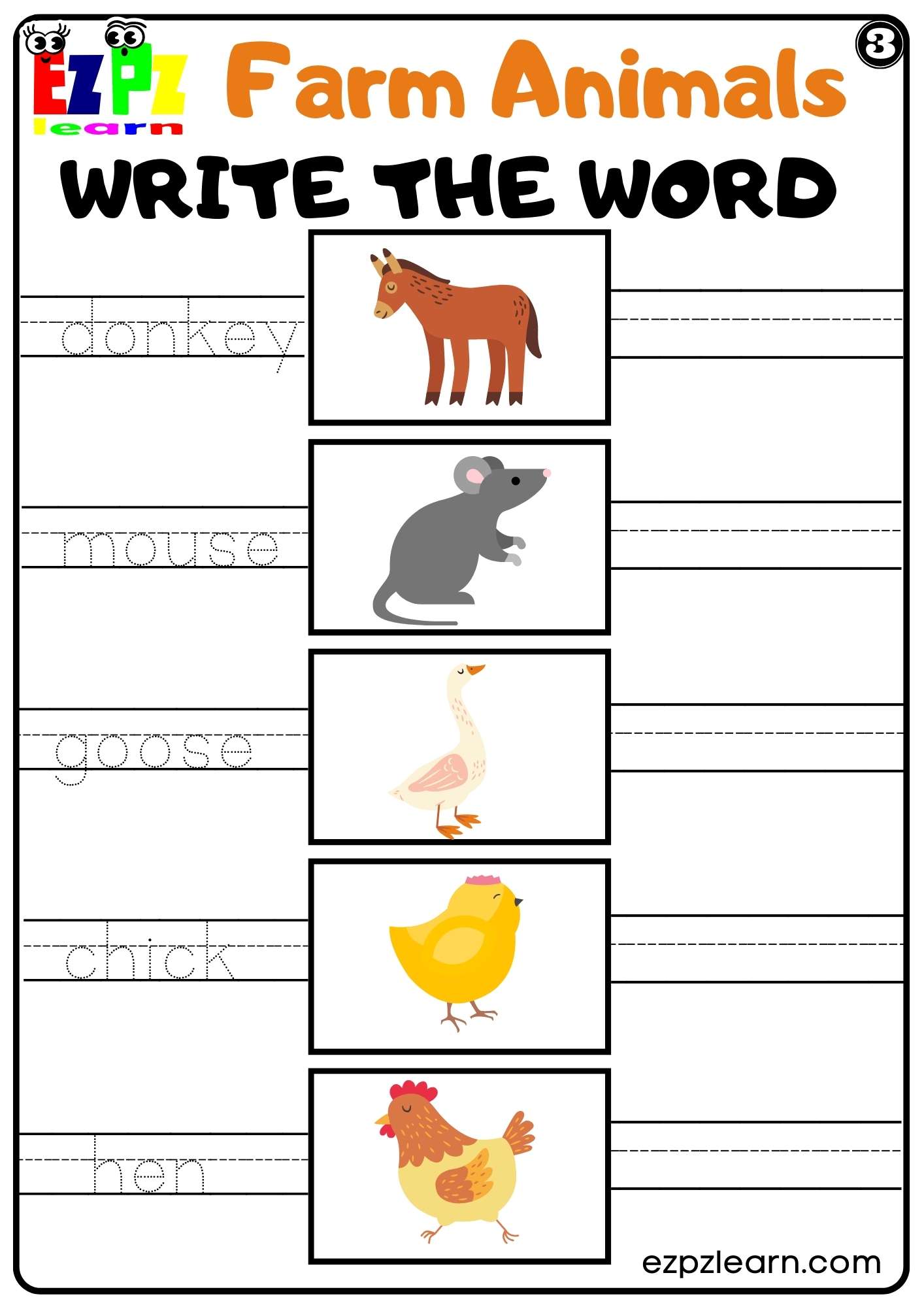 Farm Animals Write the Word for Kindergarten or ESL Students Free PDF  Download set 3 