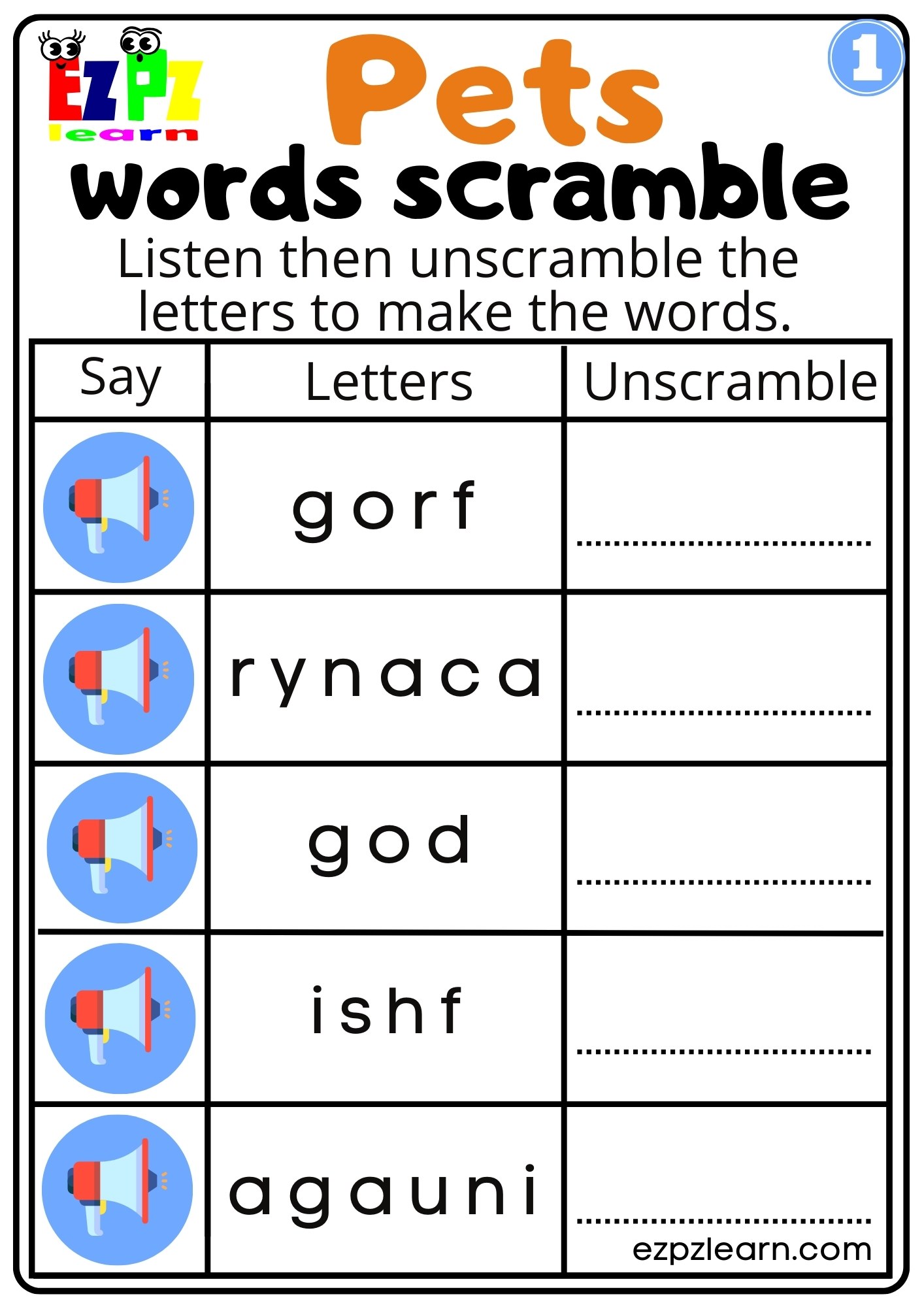 Interactive Worksheet for Pets Listen and Unscramble the Words Activity ...