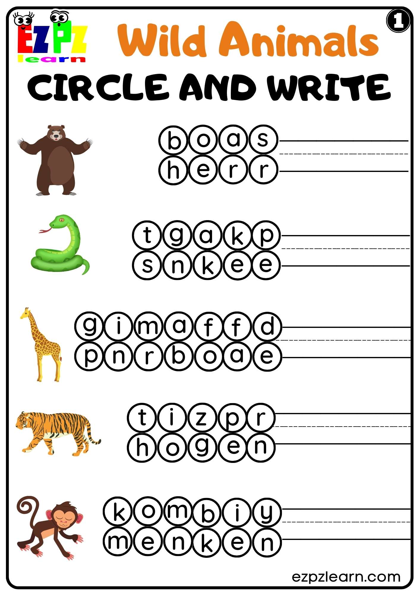 Wild Animals Circle and Write Set 1 For kids and ESL PDF Download -  