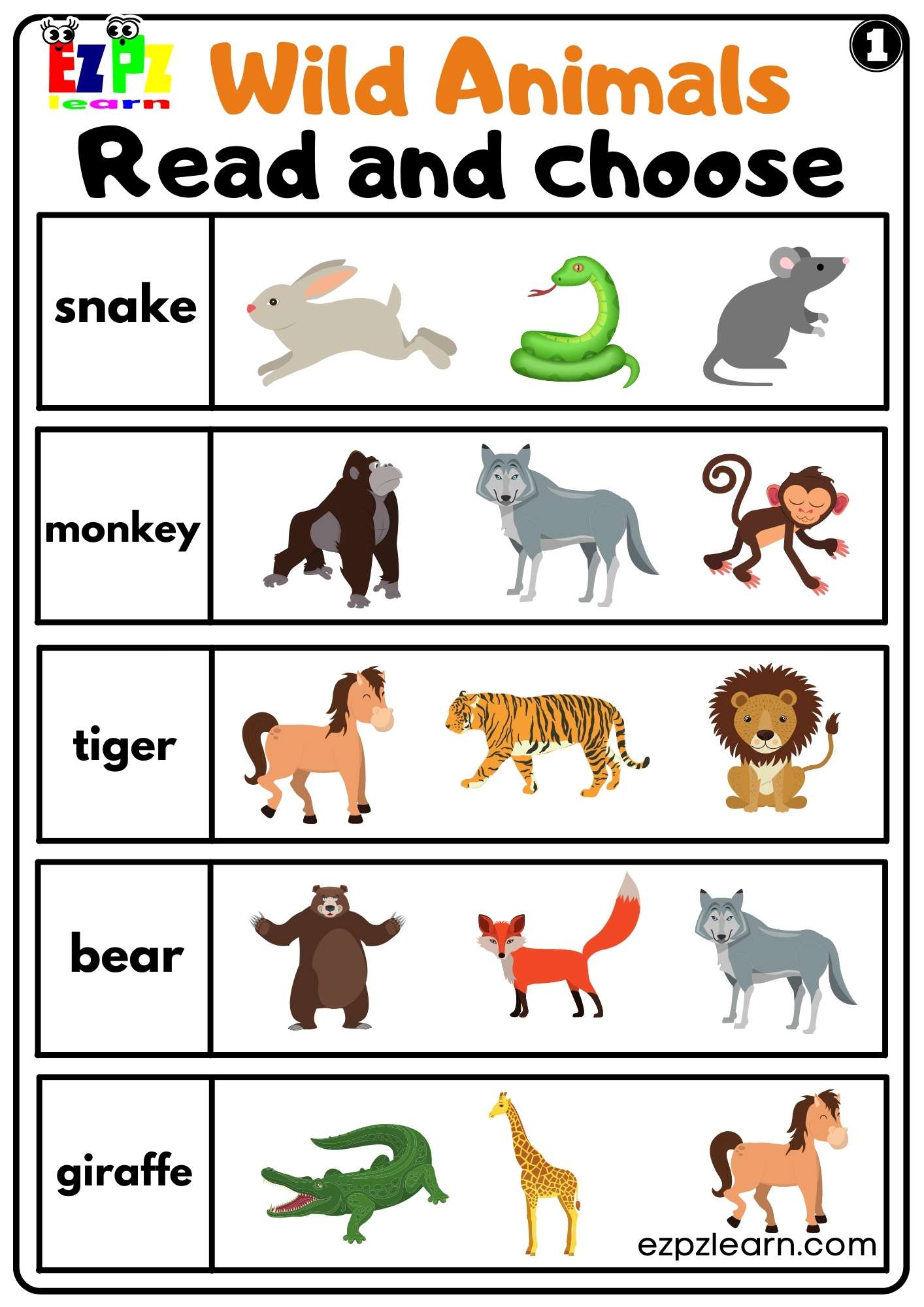 Wild Animals Read and Choose Set 1 For kids and ESL PDF Download -  