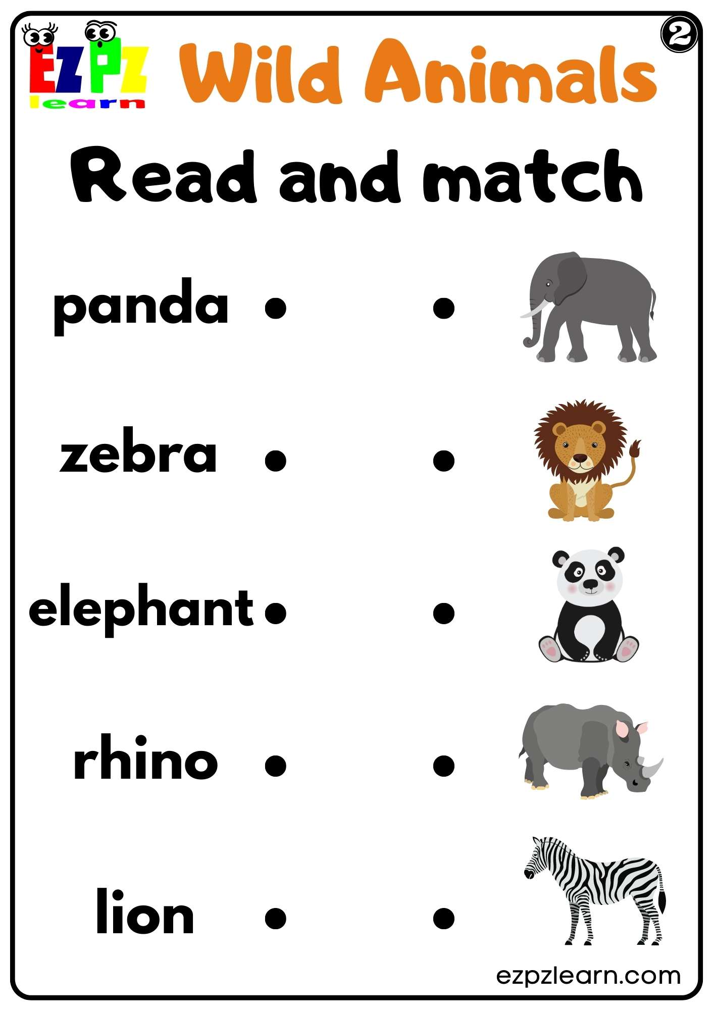 Wild Animals Read and Match Worksheet Set 2 For kids and ESL PDF ...