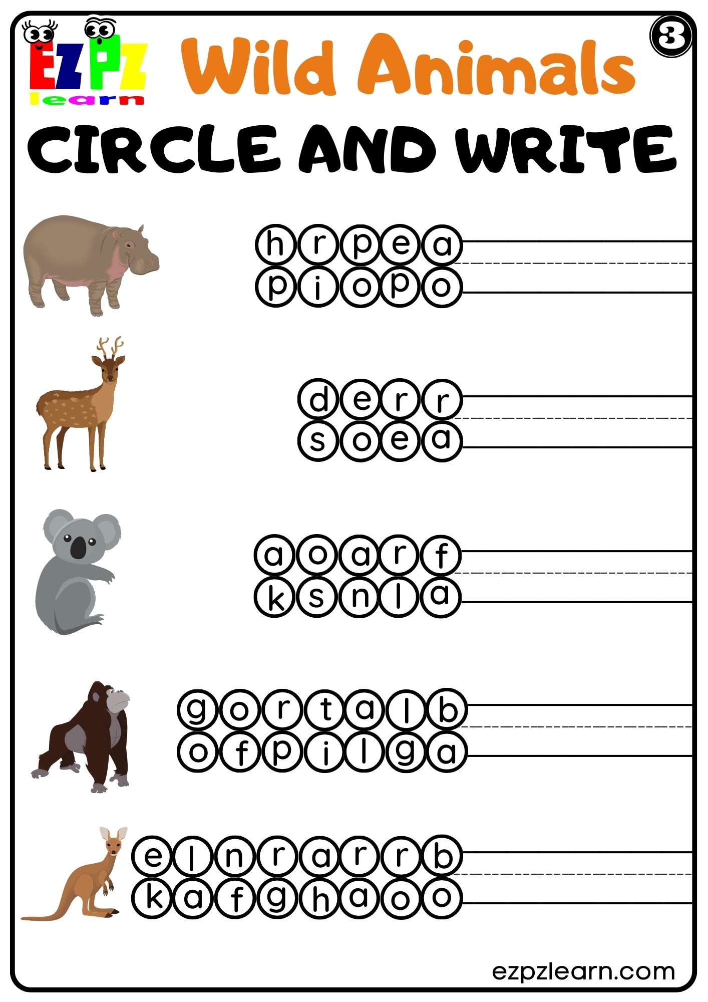 Wild Animals Circle and Write Worksheet for Kids and ESL PDF Download ...