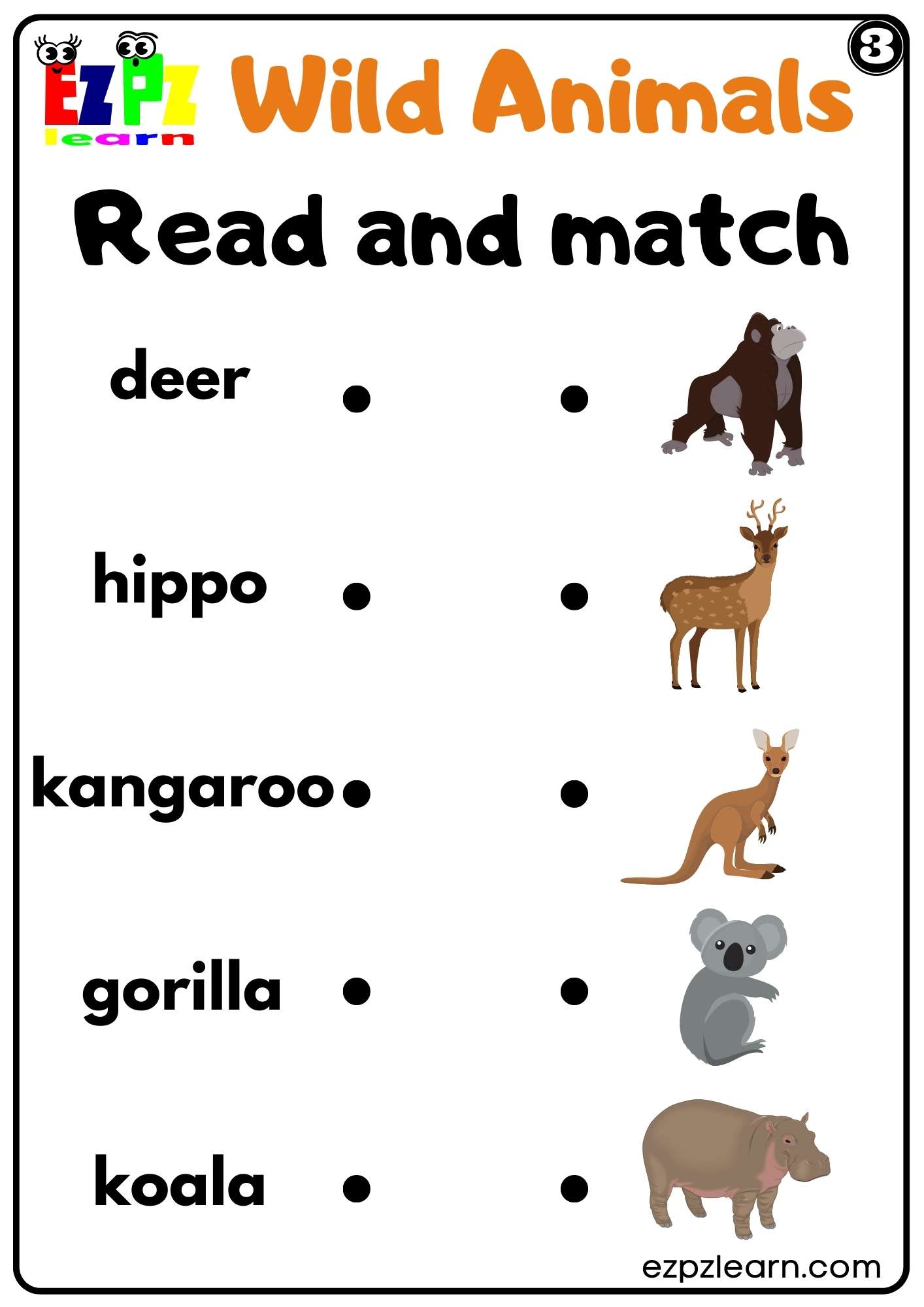 Wild Animals Read and Match Worksheet for Kids and ESL PDF Download Set ...