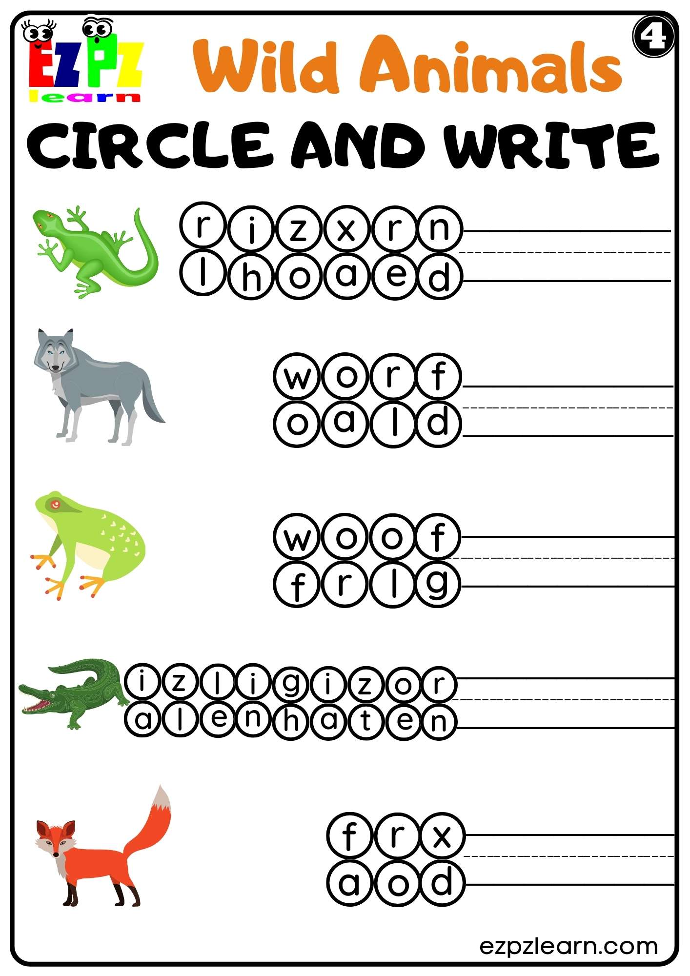Wild Animals Circle and Write Worksheet for Kids and ESL PDF Download ...